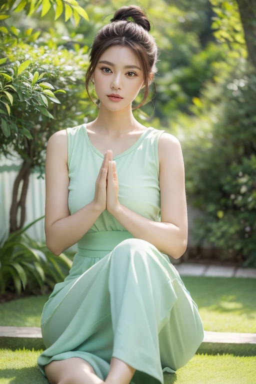 (masterpiece, best quality, realistic,photorealistic:1.5),
Photography,middle shot, Full body,clear, beautiful girl, bun plait hairstyle, in a light green yoka sportwear, doing yoga, in a garden pavilion, realistic, calm atmosphere, shady, focused, soft light, Bokeh, UHR Realistic image