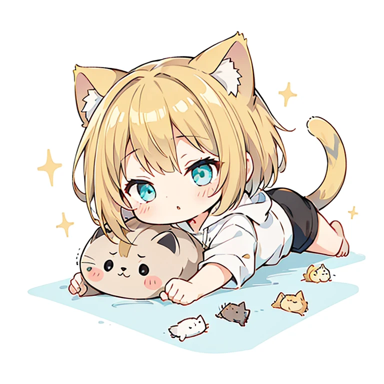 Sleepy face、Beautiful young girl with blonde hair、 Bright lighting,Crawling forward,crawl forward,Blonde hair, turquoise eyes, short mash hair,CHIBI、Cat ear、Plain white hoodie, black shorts, barefoot