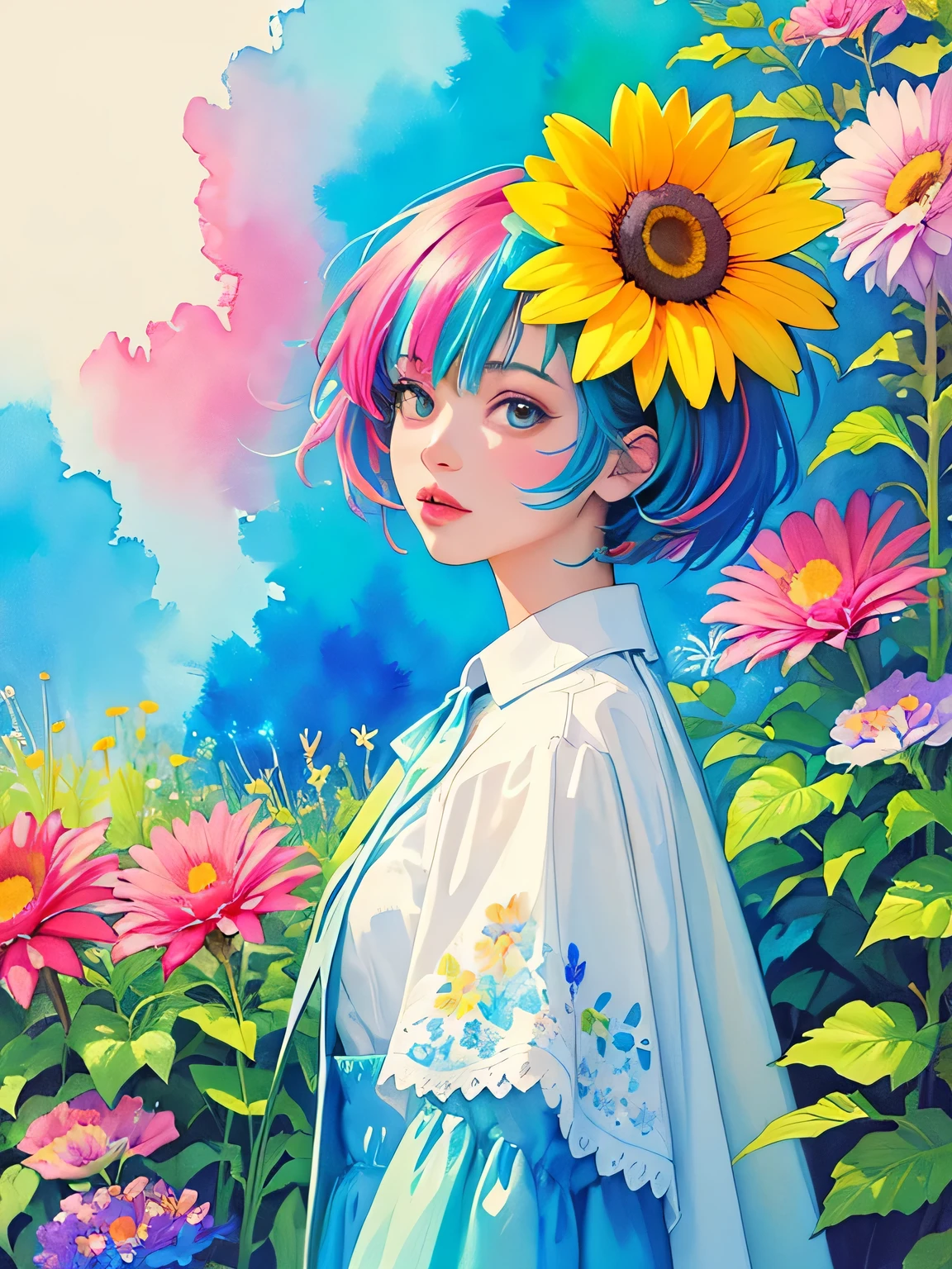 12stairs Style、(((stylish fashion))), 8K Quality、Intense watercolor, Detailed watercolor art, Watercolor splash, Surreal, avant-garde pop art, Beautiful and expressive paintings, Beautiful artwork illustration, Very colorful tones, wonderful, Cool beauty, highest quality、Official Art, Vector art, Stylish design, (((The most beautiful girl))), (((highest quality))), HDR, ((detailed)), (((Doodle Art)), ((masterpiece)), ((Super detailed)), (((Colorful flowers))),(((Stylish))),