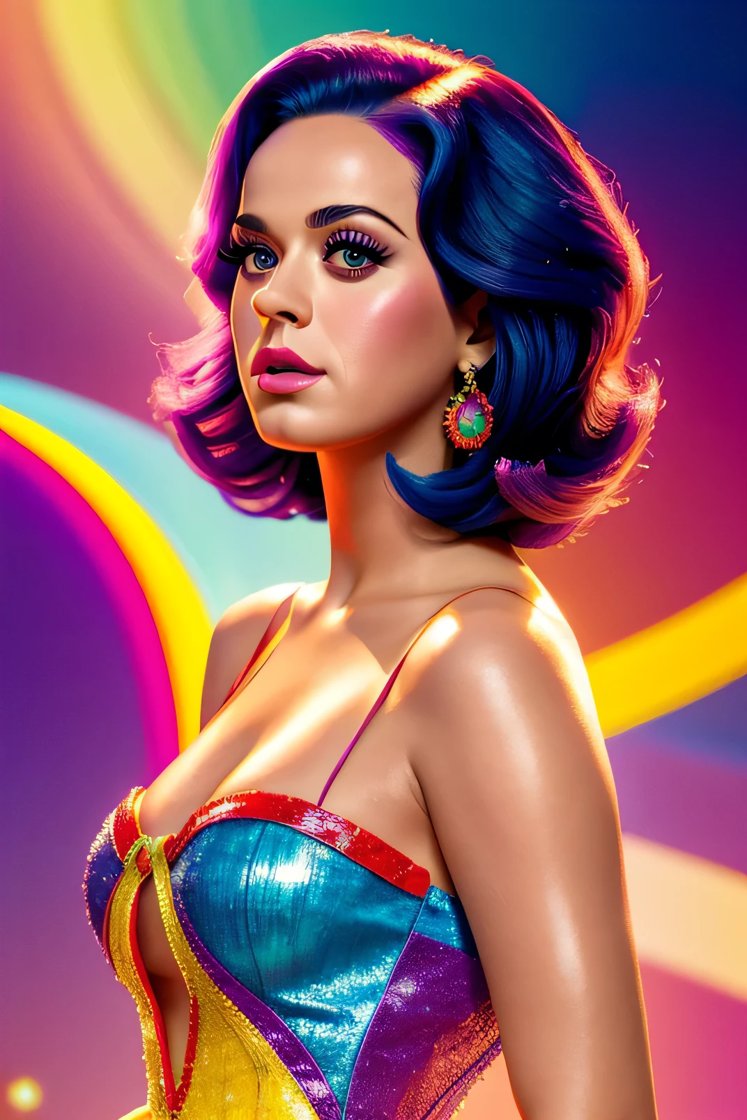 Singer Katy Perry, detailed representation of the face, detailed background, random pose, high resolution, detailed random colorful background, light background, colorful background, half body shot, random pose, half body, wearing a beautiful dress, detailed eyes, detailed face, high resolution