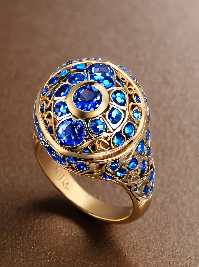 ((masterpiece、highest quality、Very detailed、High resolution、Photorealistic、Sharp focus、Cinema Lighting))、((There is no one))、One ring、Gold and silver rings、Blue Gem、Complex Pattern、Complex and unusual design、Sparkling sapphires decorate this enchanting ring、Beautiful color gradation、Background is marble table surface