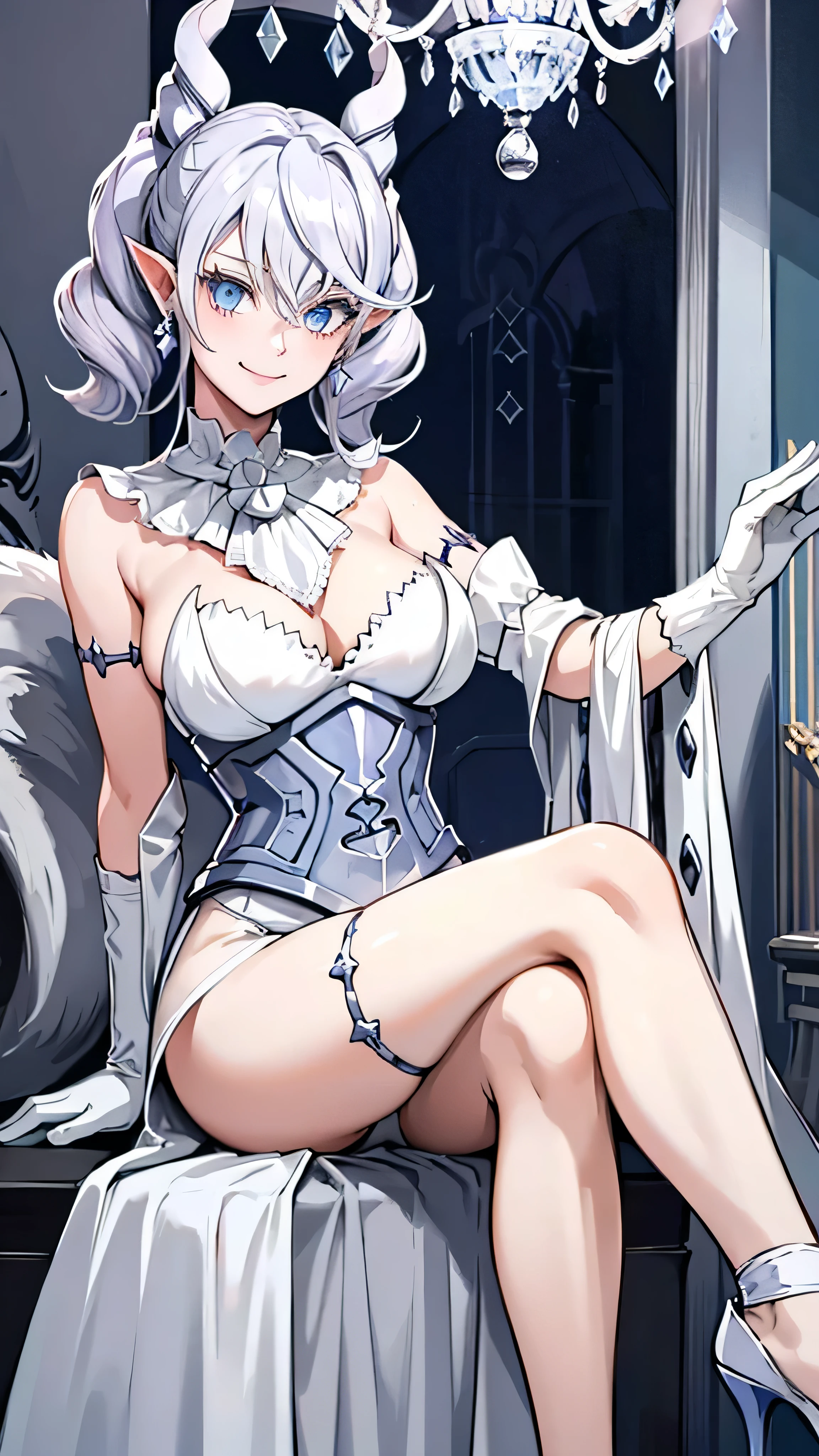table top High level image quality best image quality 8K adult woman whole body portrait pure white long gloves(elbow gloves) white long dress(slit) white wolf ears short hair((shortcut)(gray hair)(perm)(fluffy)) eye color is blue attractive evil face((smile)( close your mouth))(Crystal chandelier) balcony sexy pose , both arm on chair , crossed legs style in detailed , sitting, labrynth , face focus , expensive high heels , legs close up view