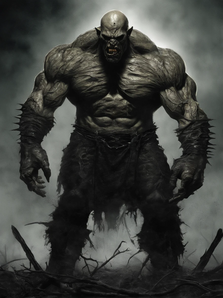 brutalis the violator
hulking 8 feet tall muscled bald mutated semi-orc-troglodyte like human with cracked desiccated skin
he has a few large organic spike protrusions made of his desiccated skin on his arms and back,