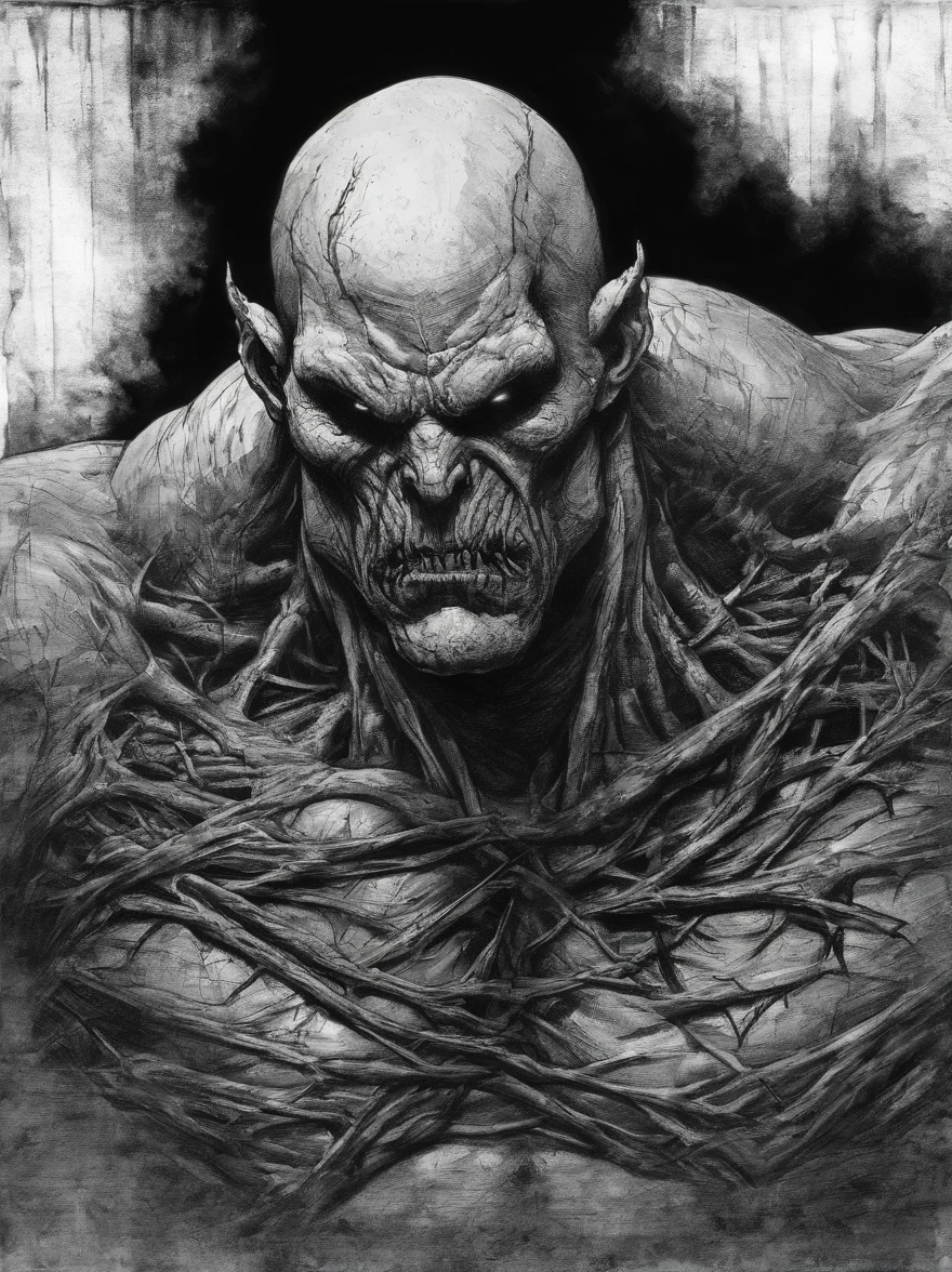 brutalis the violator
hulking 8 feet tall muscled bald mutated semi-orc-troglodyte like human with cracked desiccated skin
he has a few large organic spike protrusions made of his desiccated skin on his arms and back,