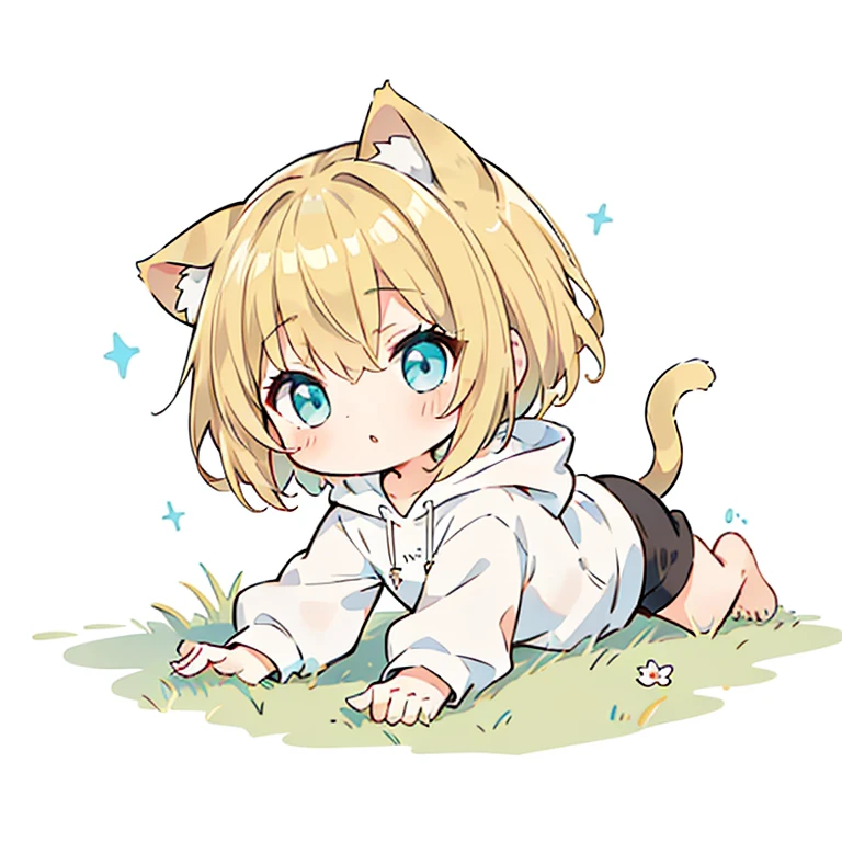 Beautiful young girl with blonde hair、 Bright lighting,Crawling forward,crawl forward,Blonde hair, turquoise eyes, short mash hair,CHIBI、Cat ear、Plain white hoodie, black shorts, barefoot