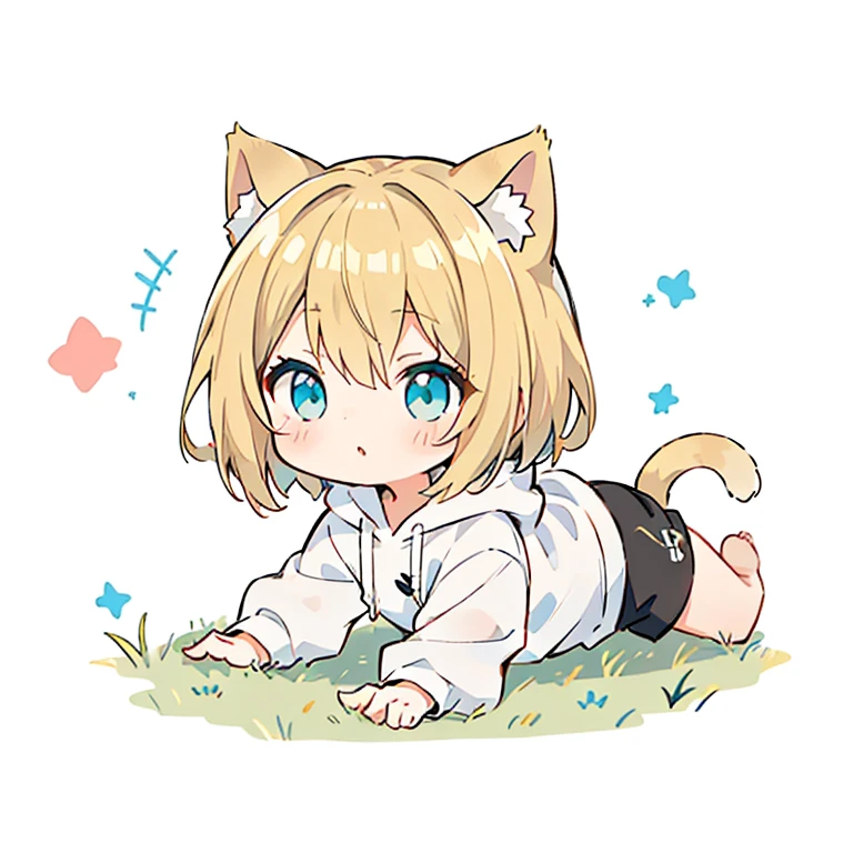 Beautiful young girl with blonde hair、 Bright lighting,Crawling forward,crawl forward,Blonde hair, turquoise eyes, short mash hair,CHIBI、Cat ear、Plain white hoodie, black shorts, barefoot