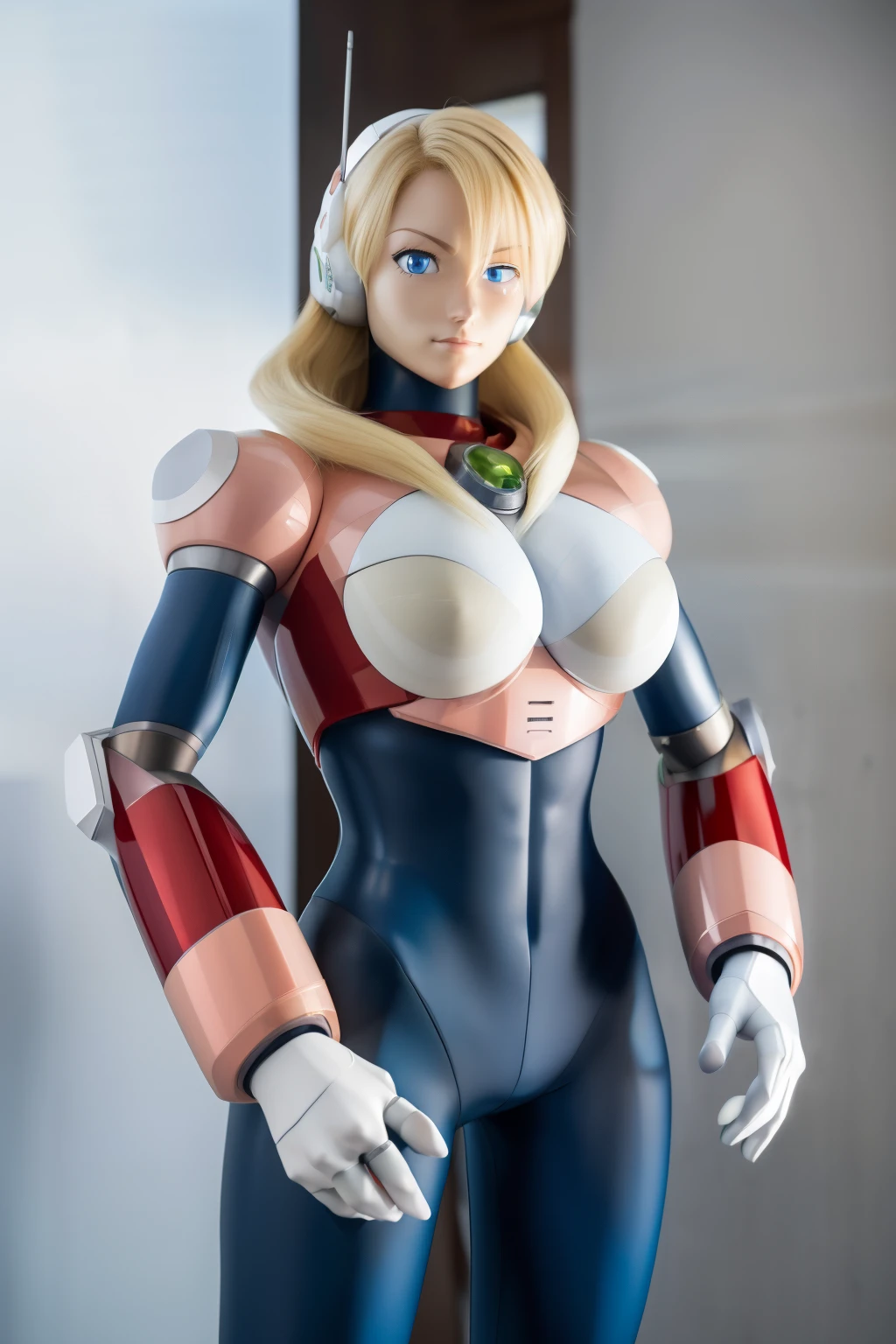 ultra detailed of a woman cyborg, 1girl, (natural skin texture, realistic eye details:1.2) alias_mega manx, alone, breasts, blue eyes, blonde hair, Android, long hair, robot ears, stand at attention, neutral stance, artwork, high quality, hypnotized, blank expression, mannequin