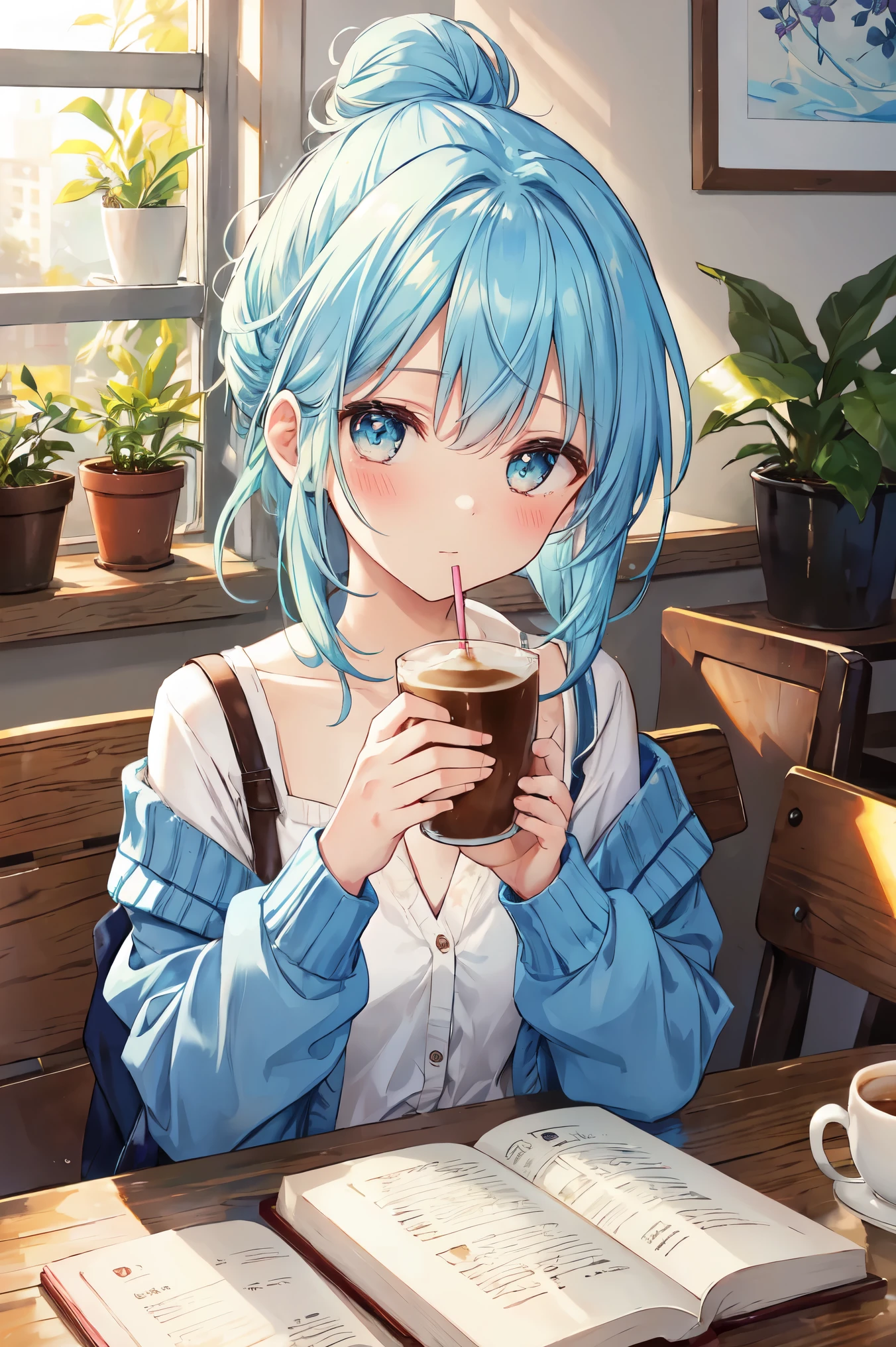 With a girl, coffee, Cafe, table, Messy bun, straw, sunlight, window, comfortably, Calm, Floral, beautiful, pastel, A slice of life, relaxation, morning, leisure, Calm, Warm atmosphere, vapor, Calm, dream, Aromatic, Latte Art, Book, ted plants, Cherry tree, blush, consider, kind, delicate, Whimsical, Blue Hair, cardigan, Wave motif pattern