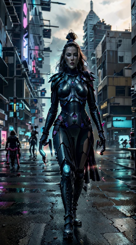 (full body woman,walking),(cyberpunk city),(glowing neon stripes on the dress's boots),(vibrant color),(cyberpunk style),(ultra realistic),(howling banshee),(shuriken)