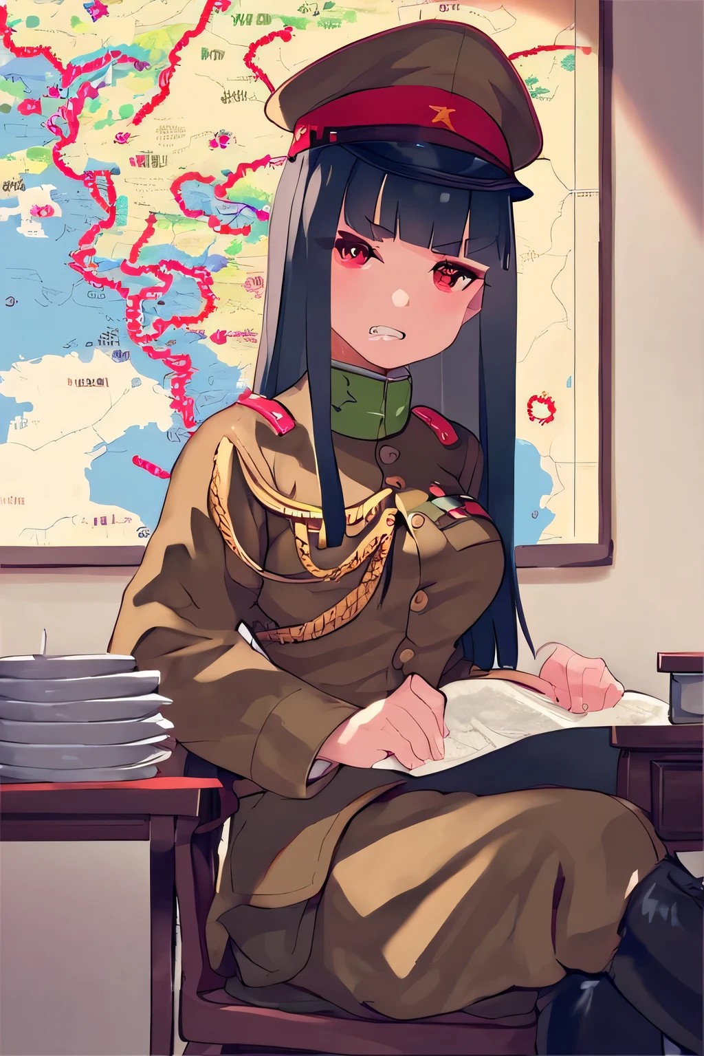 score_10,score_9,score_8_up,score_7_up,score_6_up,indoors,map on wall,1girl,solo,chin_stroking,medium breasts,breasts,black hair,long hair,blunt bangs,hime cut,boots,imperial_japanese_army,sitting,military_hat,IJA Showa,peaked cap,khaki uniform,brown bootsgolden sling,general staff,serious,map,table,chair,clenched teeth,annoyed,jitome,red eyes,
