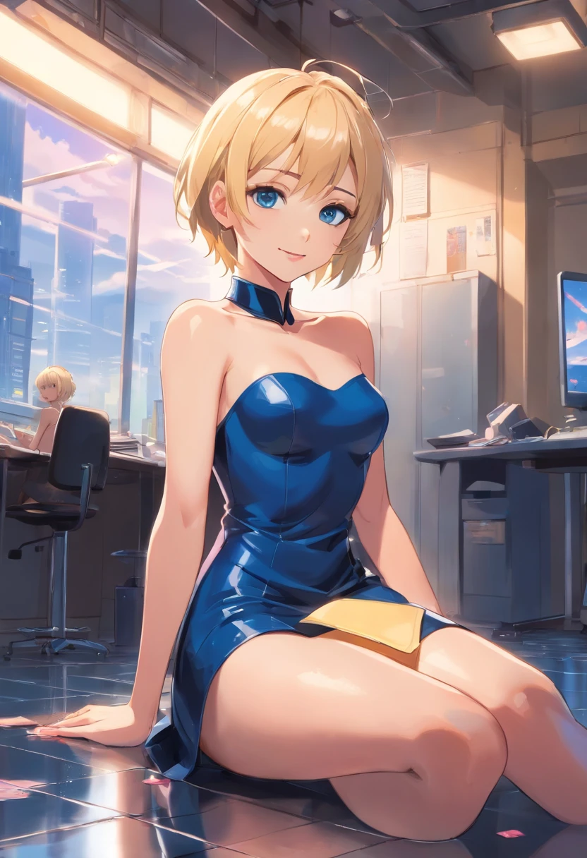  Women, ((Blonde)), ((Blue eyes)), ((Short hair)), ((Full shot)), very detailed makeup, pale pink lipstick, long earrings, bare shoulders,  sitting in short black strapless latex dress, fashion high boots wet floor smile, arms back ((Full Body))