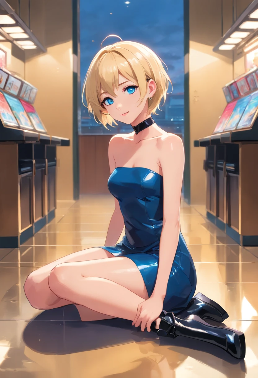Women, ((Blonde)), ((Blue eyes)), ((Short hair)), ((Full shot)), very detailed makeup, pale pink lipstick, long earrings, bare shoulders, sitting in short black strapless latex dress, fashion high boots wet floor smile, arms back ((Full Body))