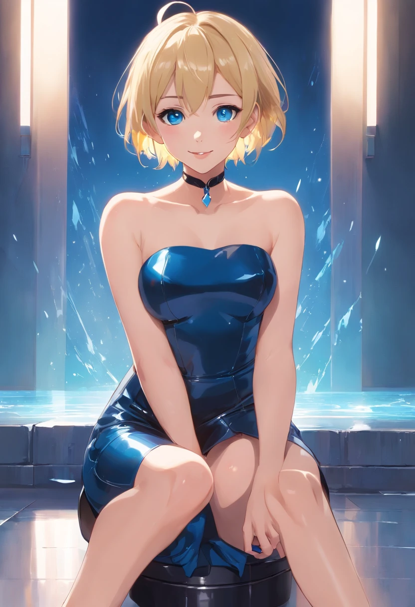 17 years old Women, ((Blonde)), ((Blue eyes)), ((Short hair)), ((Full shot)), very detailed makeup, pale pink lipstick, long earrings, bare shoulders, sitting in short black strapless latex dress, fashion high boots wet floor smile, arms back ((Full Body))