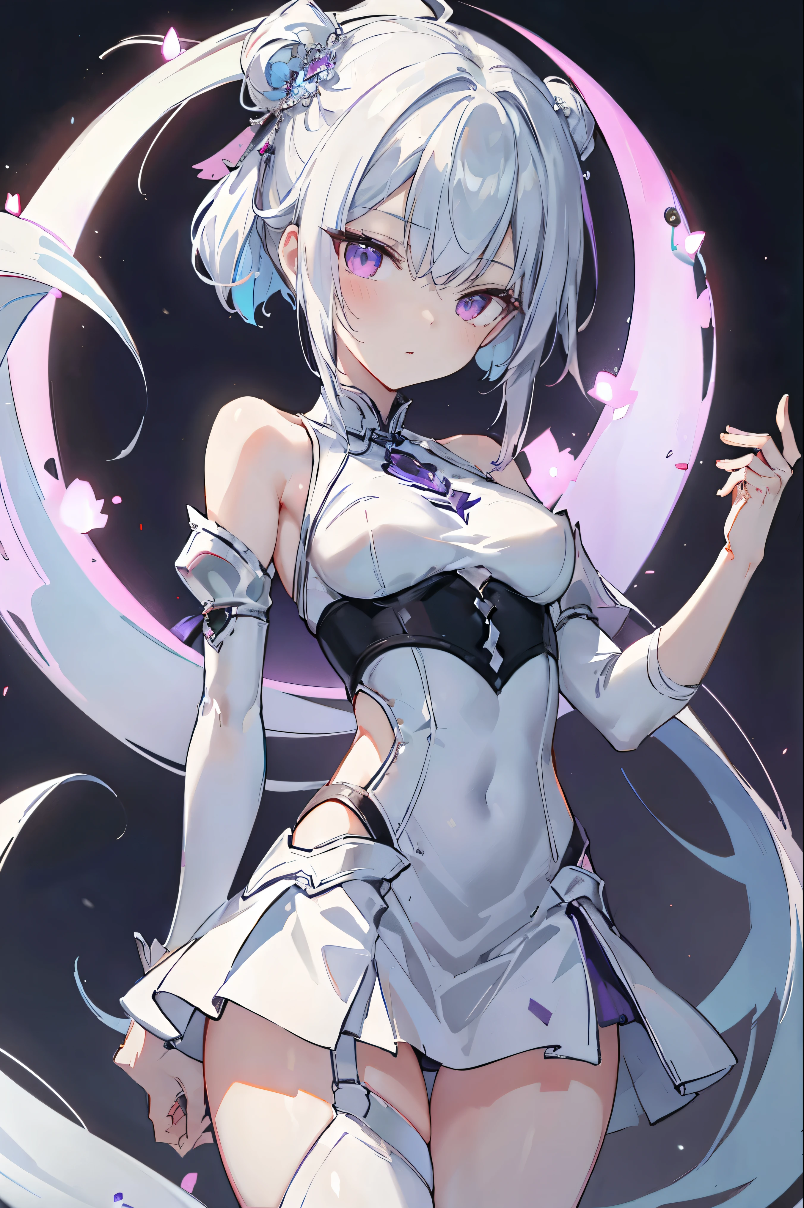 1girl, anime, cute girl, blank background, white background, fantasy, detailed fantasy dress with highlights, beautiful face, beautiful eyes, dark colors, black hair with multicolor streaks, red eye with different color pupil in eye, multicolor eye, medium breasts, slight cleavage, beautiful skin, cute, breast curtains, extremely delicate and beautiful, (beautiful detailed face:1.0), (detailed deep eyes), symmetrical breasts, deep eyes, shiny skin, portrait, slender waist, hips wider than shoulders, thighs, expressionless, young girl, luminous eyes, adorable，（Kpop idol）,（aegyo sal：1），（Platinum blonde hair：1），（（puffy eye）），Black panty，sexy posture，Superskirt, Ultra-high resolution，Black collar，slim figure, Abdominal y tattoo, womb tattoo，Tight-fitting leg ring，y tattoo on half-body，Bare skin, Armored hand，Hidden fingertips，Hand covered，Arm covered，Fist covered,{{beautiful detailed fingers}}, tufts of hair, moderate beautiful breast:1.0,(masterpiece:1.2), best quality, high-res, HDR, perfect face, intricate armor, delicate blue filigree, intricate filigree, red metalic parts, detailed part, dynamic pose, dynamic lights, cute face, neutral expression, shuimobysim, lotus, hanfu, maxi skirt, dress conservatively 1girl, solo, long blue hair, standing, One lady,14years,((White hair) ,((Normal breasts)), (Shiny purple bodysuit with microskirt),((Fantasy, Moon Night))