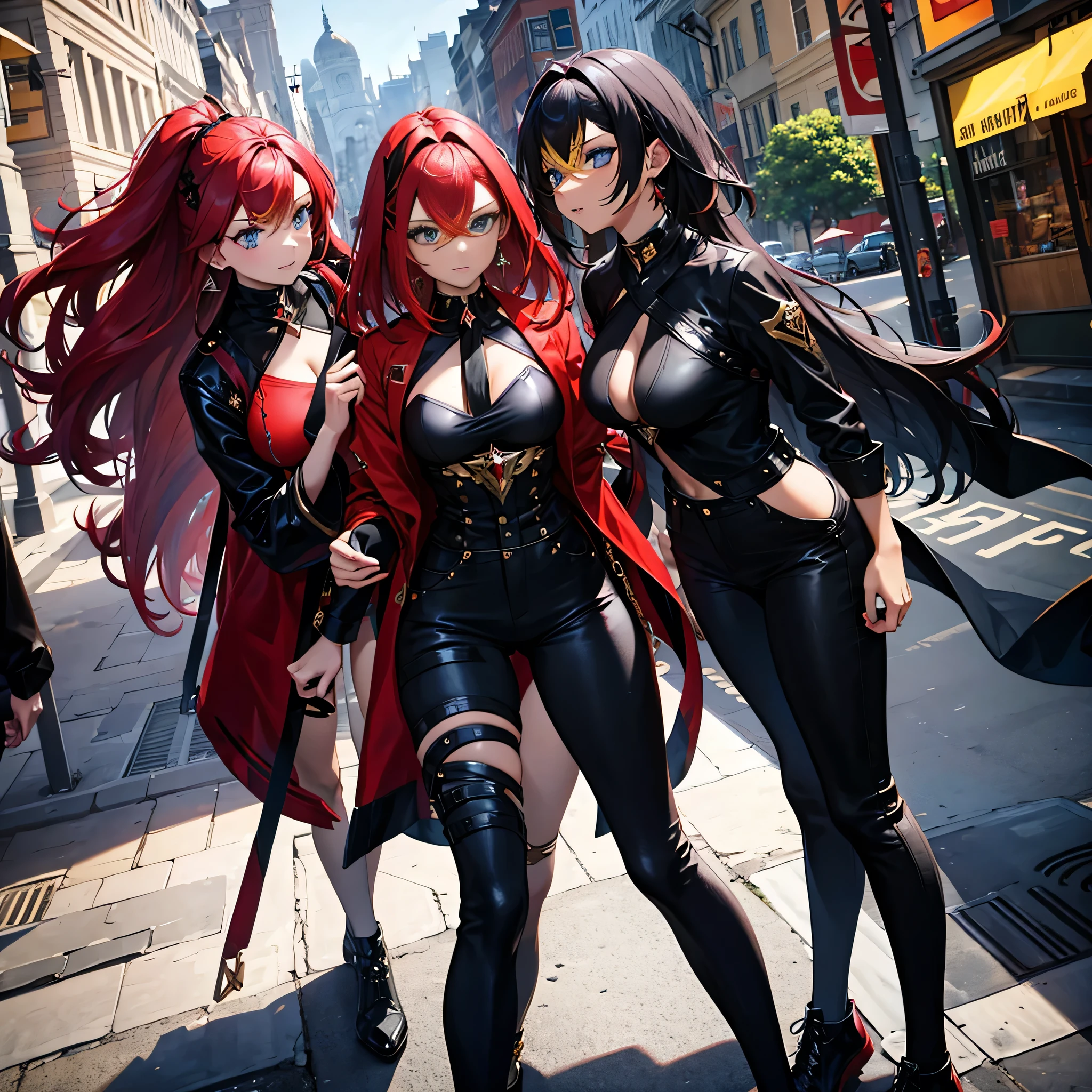 (Two women) Dehya and a red-haired woman with green eyes, a black blouse, a red jacket, and dark tight pants.