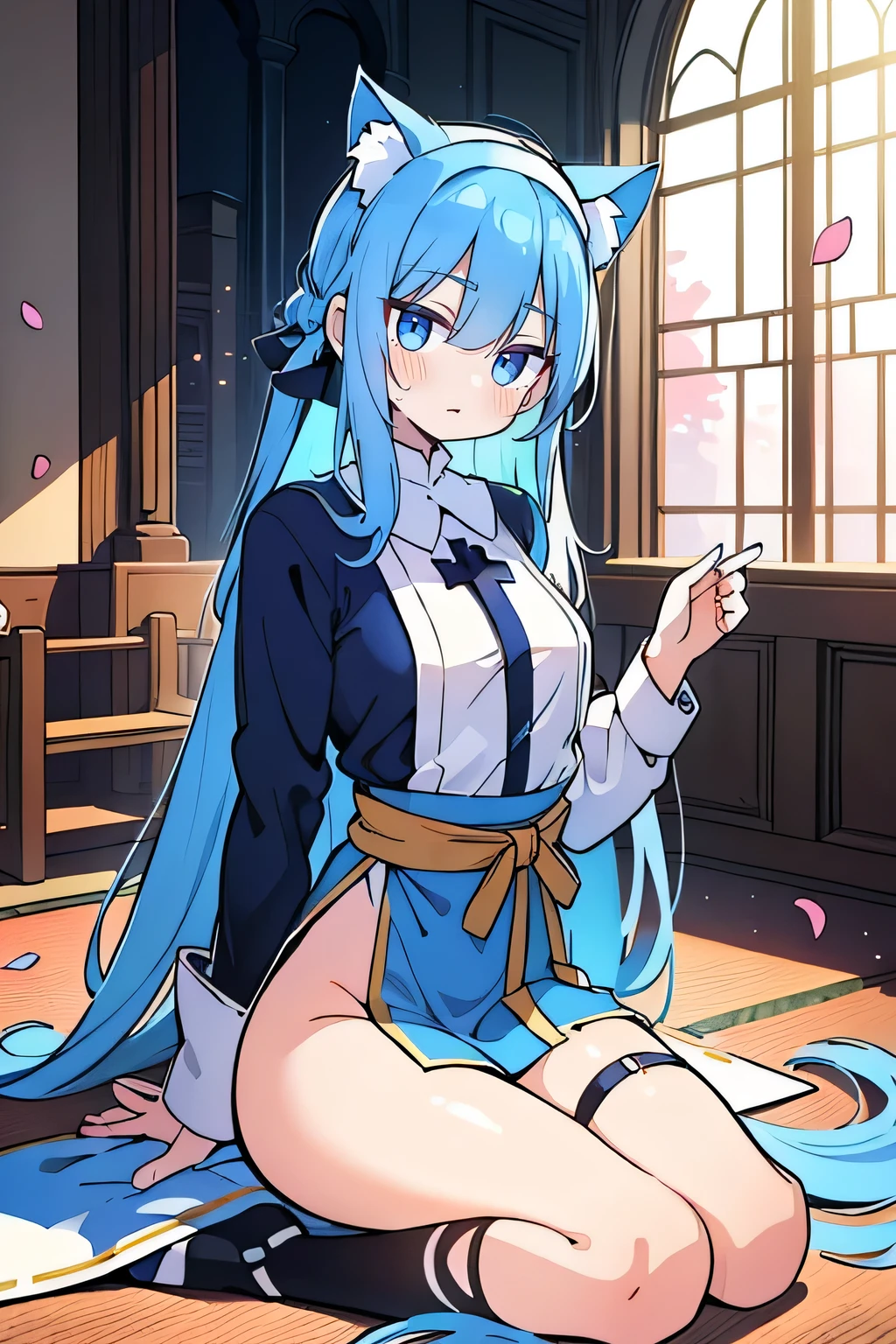 (masterpiece:1.2),Extremely detailed,Practical,expressive eyes,Fair skin,Perfect face shaping,1 Girl,
Japanese cartoons,Gorgeous blue hair, the long flowing blue hair,Floating clothes,Cat ears,Petals fall,beautiful lola,Young Angel,
Place your hands on your waist,sit elegantly on the ground,Cross your legs,Gentle and peaceful background,church,Nun's Clothes.