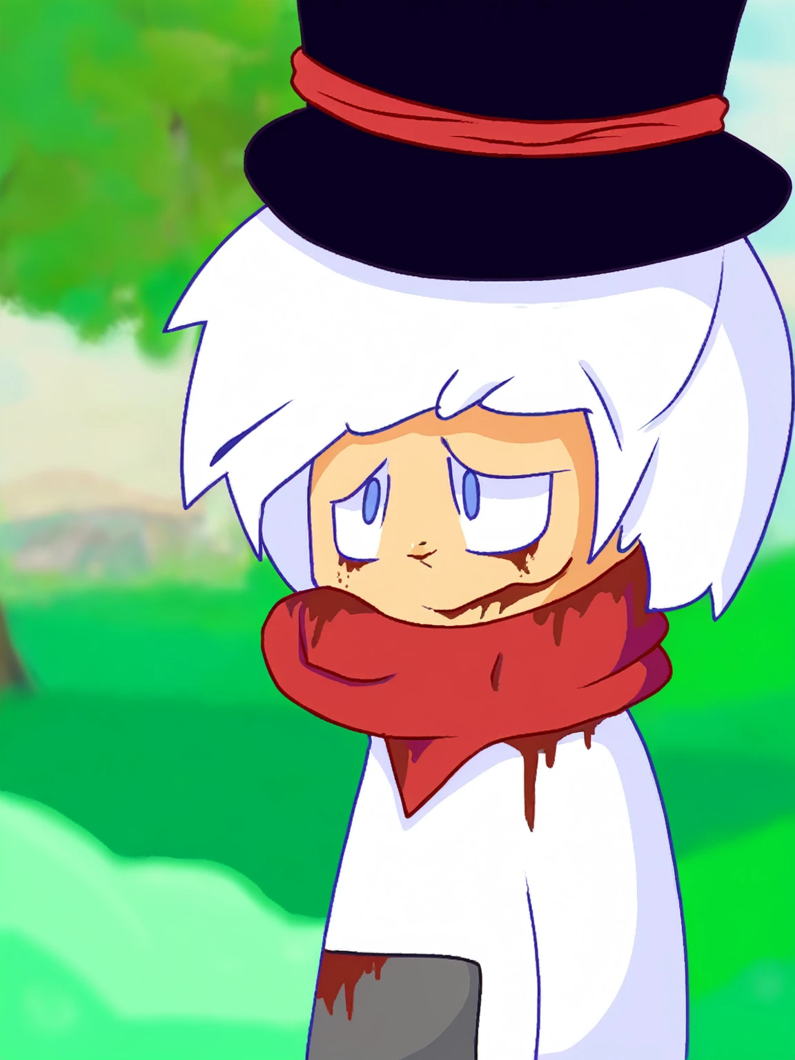 Caricatura de una mujer con sombrero de copa y bufanda., Lleva una bufanda roja, arte al estilo de joshy sly, muy triste, estilo anime 2d, unknown art style, un resfriado, Fanart del juego 2D, wears a red scarf, tired and tormented expression, anime estilizado, limpio cel sombreado, tired and tormented expression