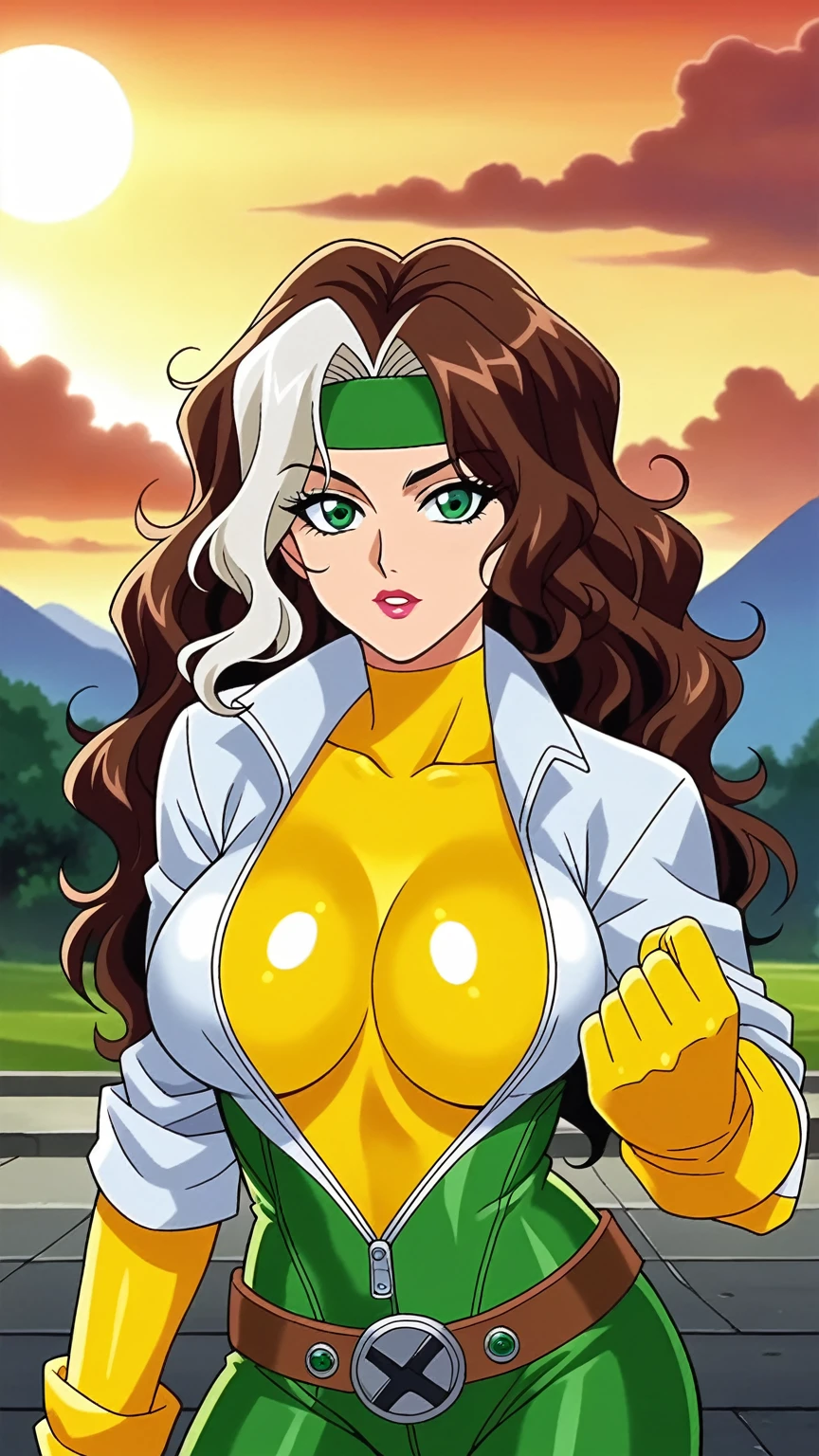 CARTOON_X_MENs_Rogue,ownwaifu, 90s style,
long hair,breasts,brown hair,green eyes,lipstick,makeup,lips,white hair,two-tone hair,headband,wavy hair,large breasts,messy hair,curly hair,big_hair,
yellow bodysuit,jacket,gloves,belt,yellow gloves,green bodysuit,bodysuit,multicolored bodysuit,superhero, skin tight,multicolored clothes, 1girl, solo, looking at viewer,straight-on, upper body, official art, highres, scenery, (masterpiece:1.1), (best quality,:1.1), (high quality:1.1), (anime screencap:1.2), full body