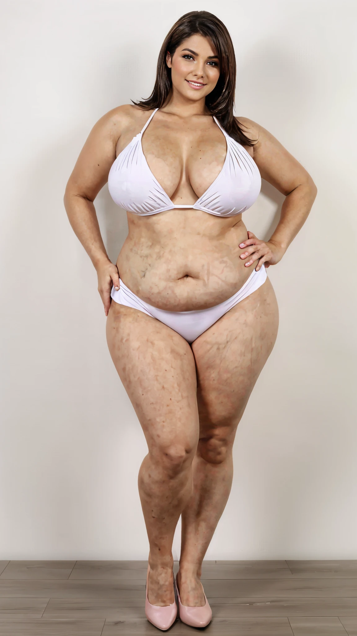 style:photo | Alltotal Body Photo Of glamour Woman, as a 35_old woman, big breast Jumbo breast sexy, fat straight_hair, Izrael Syria woman standing、preppy,viewed_from_distance, full_body, wide_angle view, entire_body_in_view、fat girl、one person、Fat belly、Thick body、Full body portrait、Standing on tiptoes、Stand with your feet shoulder-width apart、Stand with your hands on your hips、Stand facing forward、Simple white background、Blank white background、Big belly、Thick waist、Blank background、Competitive swimmer、Swimwear、Micro Bikini、Light pink swimsuit、High heels、Bikini with small cloth area、Brown Hair、Short Hair、、