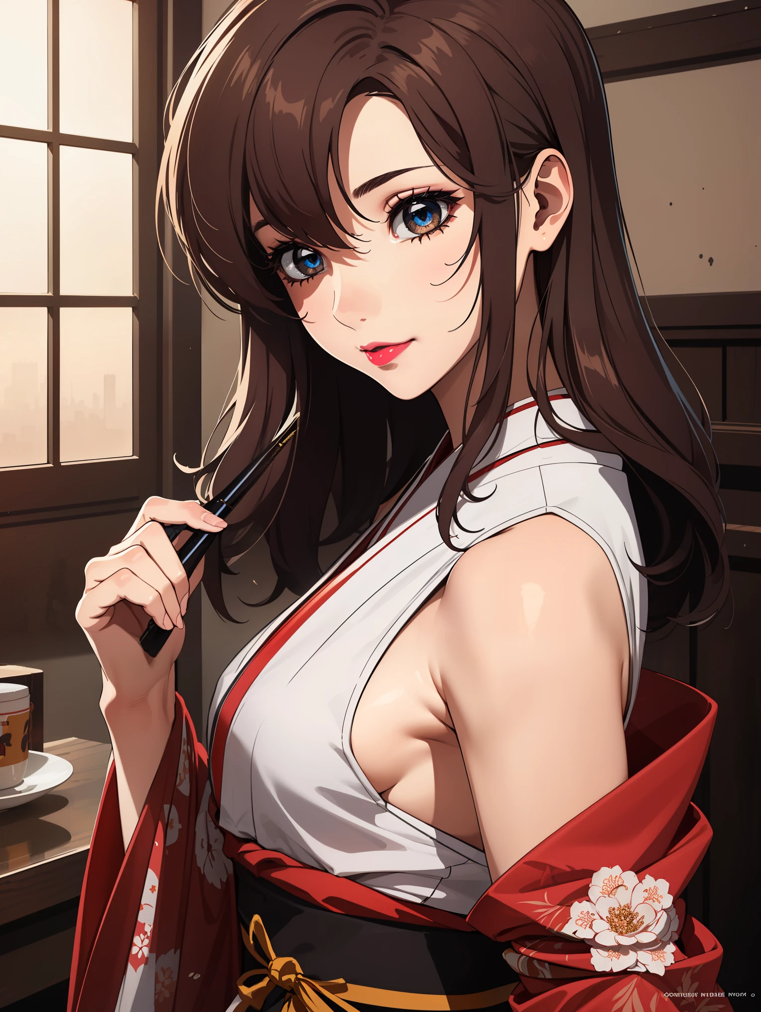 bangs,brown_hair, long_hair,red eyes,lipstick,makeup,
BREAK (japanese clothes, kimono, sash, obi, red kimono, black kimono:1.2)
BREAK from behind,  ((magazine cover)), lineart, colorful, magazine title, text,
BREAK (masterpiece:1.2), best quality, high resolution, unity 8k wallpaper, (illustration:0.8), (beautiful detailed eyes:1.6), extremely detailed face, perfect lighting, extremely detailed CG, (perfect hands, perfect anatomy),