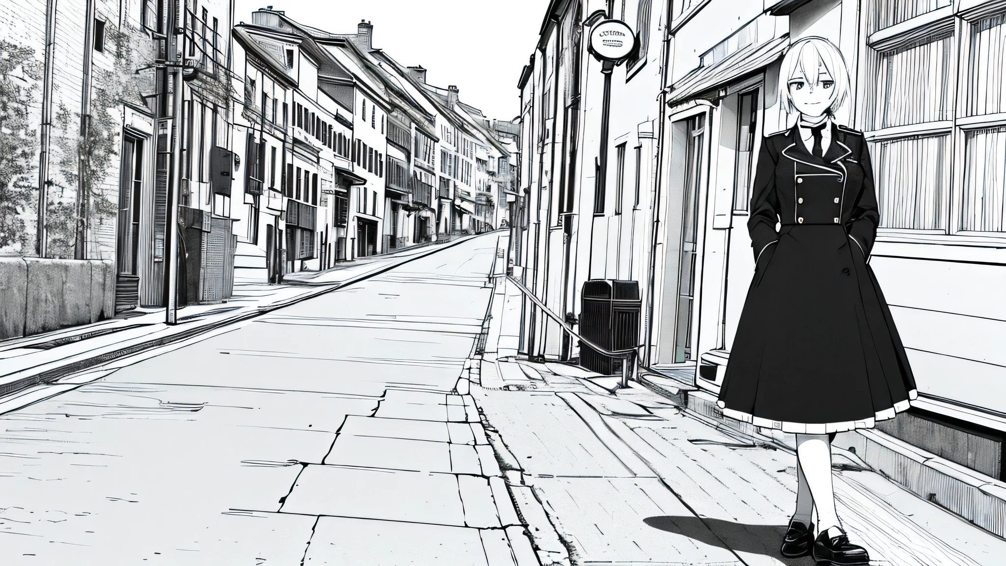 masterpiece, Top quality, 1 Girl, Uniforms, Smile,, A white-haired one, black eyes,, a street, monochrome, Line Drawing、iced，Walking on the road，Don't look at the camera