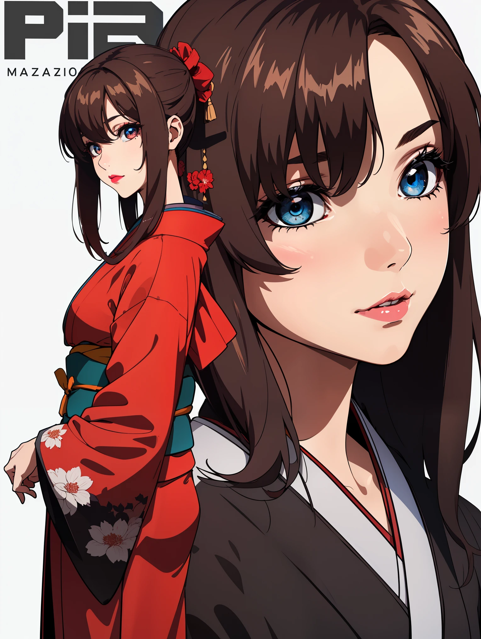 bangs,brown_hair, long_hair,red eyes,lipstick,makeup,
BREAK (japanese clothes, kimono, sash, obi, red kimono, black kimono:1.2)
BREAK from behind,  ((magazine cover)), lineart, colorful, magazine title, text,
BREAK (masterpiece:1.2), best quality, high resolution, unity 8k wallpaper, (illustration:0.8), (beautiful detailed eyes:1.6), extremely detailed face, perfect lighting, extremely detailed CG, (perfect hands, perfect anatomy),