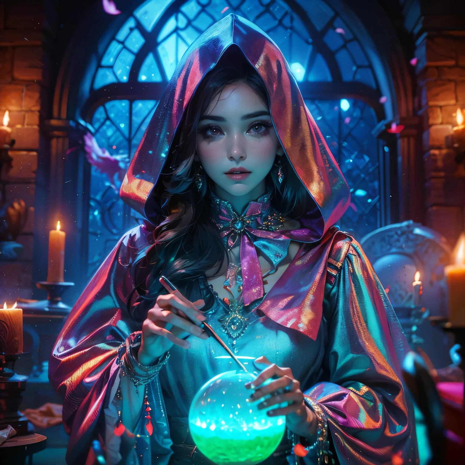 arafed woman with large round breast, showing her cleaveage, in a purple dress holding a crystal ball, casting a spell on a potion, ross tran 8 k, witch fairytale, jen bartel, maya ali as a cyber sorceress, fantasy art behance, pretty sorceress, female mage conjuring a spell, fantasy aesthetic!, maya ali as a d&d sorcerer, masterpiece, best quality:1.2),,(8k,highres,RAW photo,realistic,photo-realistic:1.3),(detailed skin texture,detailed cloth texture,beautiful detailed face:1.25),professional lighting,photon mapping,beautiful soft light,radiosity,physically-based rendering,raytracing, model shoot style, model shoot style, (extremely detailed CG unity 8k wallpaper), full shot body photo of the most beautiful artwork in the world,