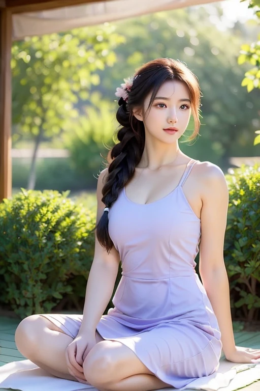 (masterpiece, best quality, realistic,photorealistic:1.5),
Photography,middle shot, Full body,clear, beautiful girl, bun plait hairstyle, in a light purple lululemon dress, doing yoga, sitting in a garden pavilion, realistic, calm atmosphere, shady, focused, soft light, Bokeh, UHR Realistic image