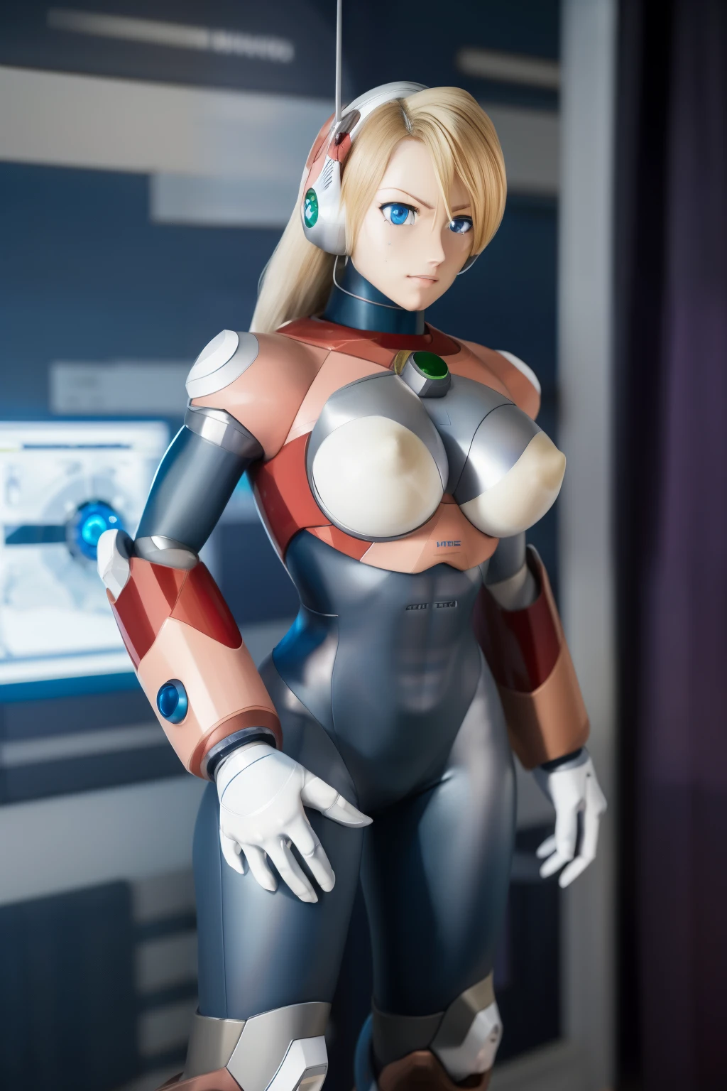 ultra detailed of a woman cyborg, 1girl, (natural skin texture, realistic eye details:1.2) alias_mega manx, alone, breasts, blue eyes, blonde hair, Android, long hair, robot ears, stand at attention, neutral stance, artwork, high quality, hypnotized, blank expression, mannequin, nsfw