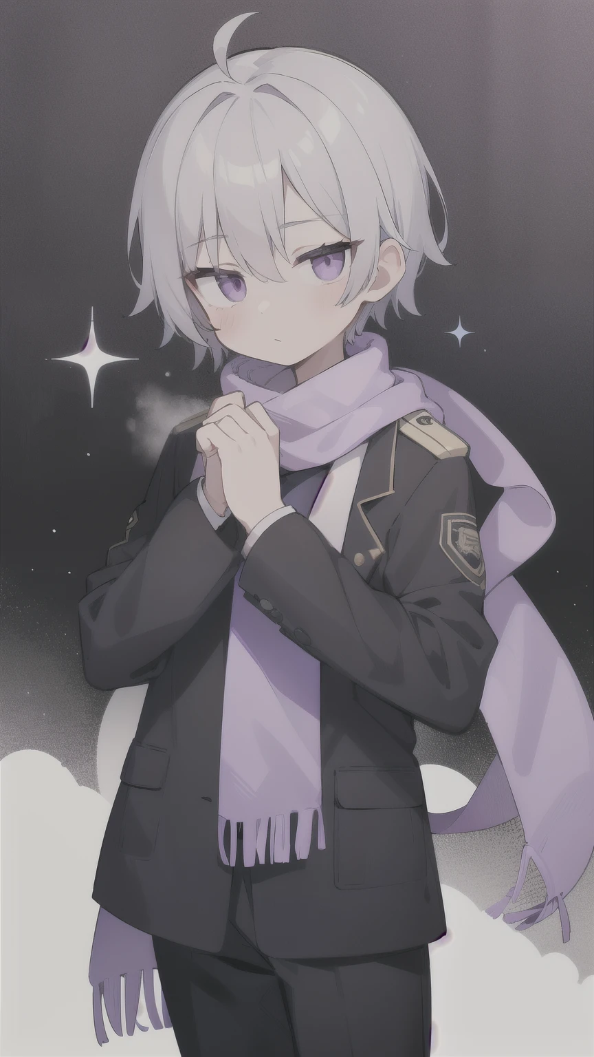 Silver short hair,Teenage Boy,Purple Eyes,uniform,A scarf is wrapped around the neck