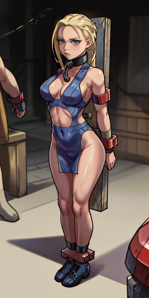 ((Masterpiece, 4k, plain background:1.2)) (handuffed behind her back)) Cammy White Street Fighter full body standing straight symmetrical, standing chained pole bondage sex slave