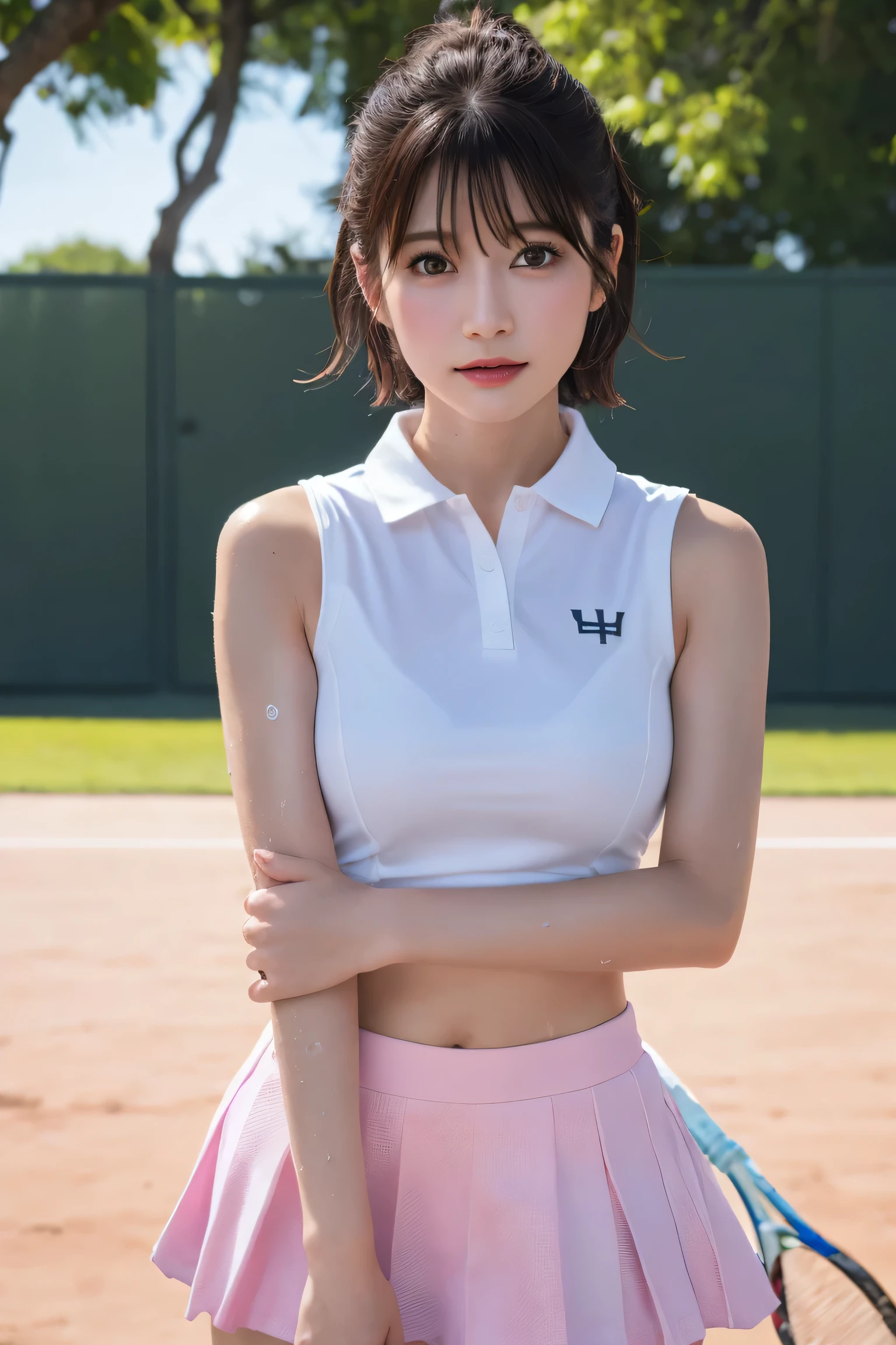 ((Upper Body))、1 girl, alone, White polo shirt, White sneakers, Pink tennis wear: 1.3, White mini skirt, masterpiece, highest quality, Realistic, Hyper Detail, (Shiny skin, Sweaty: 1.4), Disorganized, looking at the camera, Short black hair, Brown eyes, thin, Dynamic Lighting, High resolution, Sharp focus, Depth of written boundary, Fine grain, Sharp eyes, Realistic eyes, (big: 1.2), (Thick thighs: 1.0), Outdoor, null, Korean Idol, Nogizaka Idol, Idol Sculpture, actress,
