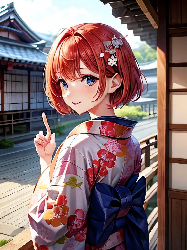 cute、Redhead、short hair、Japanese、Staring at this、Fleeting、masterpiece、Vivid、kimono、Laughter、kind、hair ornaments、Turn around