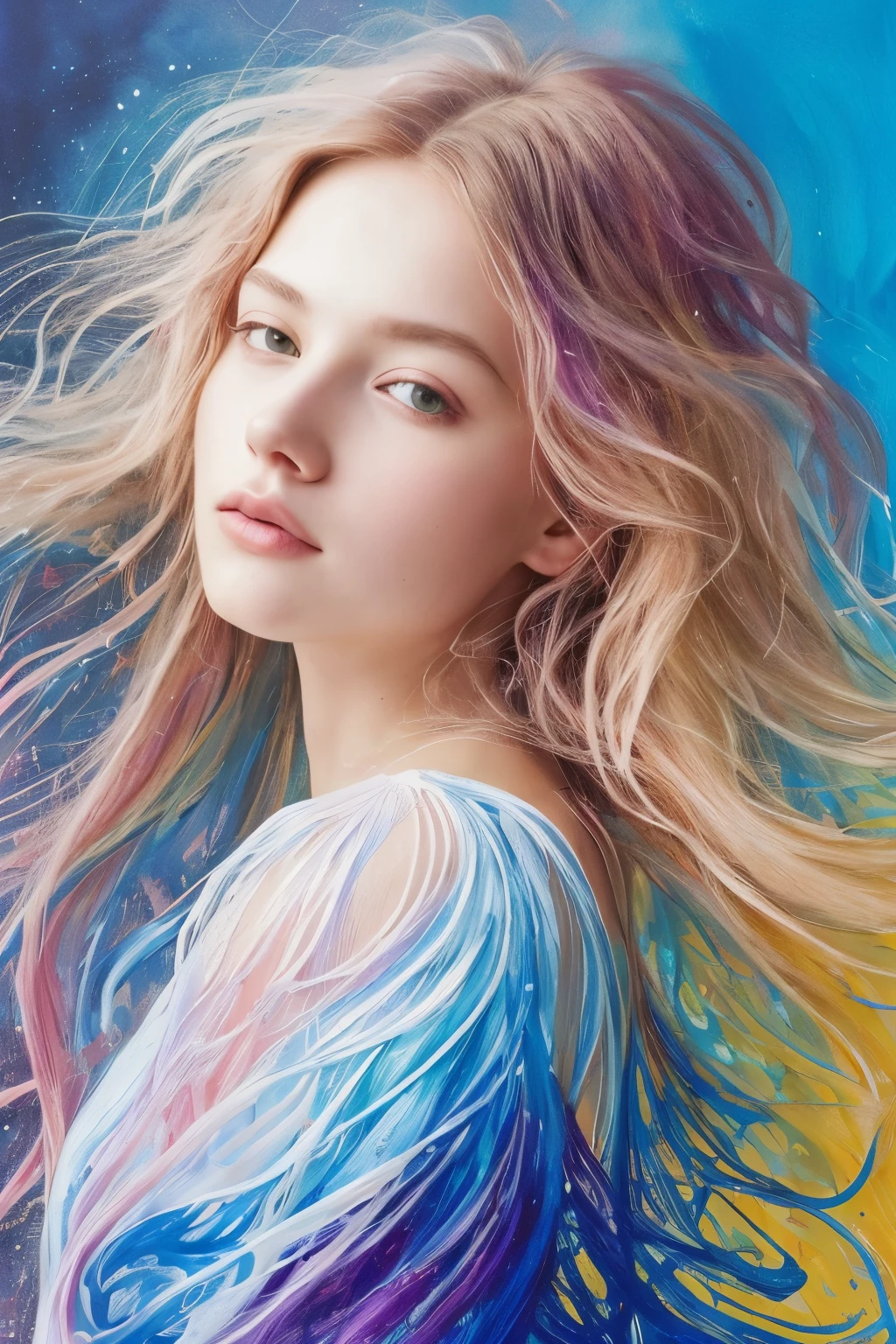 Colorful beautiful girl: a 20 year old girl, messy hair, oil painting, perfect face, soft skin perfect face, blue-yellow, light purple and violet addition, light red addition, intricate details, splash screen, 8k resolution, masterpiece, cute face, artstation digital painting smooth very black ink flow: 8k resolution realistic masterpiece: intricate fluid gouache: by Jean Baptiste Mongue: Calligraphy: Acrylic: Watercolor Art, Professional Photography, Natural Daylighting, Volumetric Lighting Minimalist Photography Illustration: by Marton Bobzert: , Complex, elegant, expansive, dreamy, wavy hair, full of energy