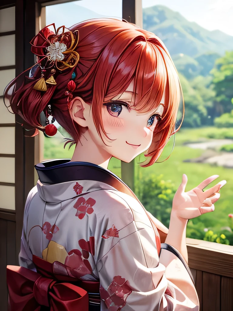 cute、Redhead、short hair、Japanese、Staring at this、Fleeting、masterpiece、Vivid、kimono、Laughter、kind、hair ornaments、Turn around