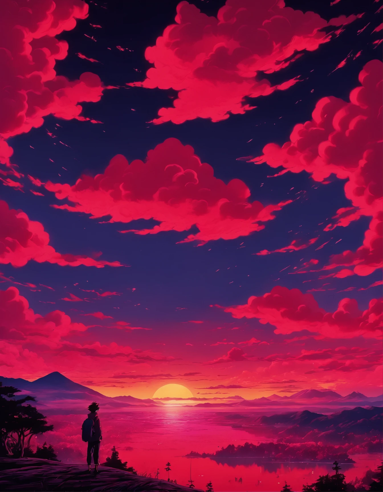 a poster of a red sky with clouds and a mountain in the background, charles burns, red clouds, by Eric Dinyer, red stormy sky, by Craig Thompson, the artist is charles burns, by Yoshio Markino, by Ed Emshwiller, ) ominous vibes, by Justin Gerard, beautiful high contrast woodcut, by Eric Auld