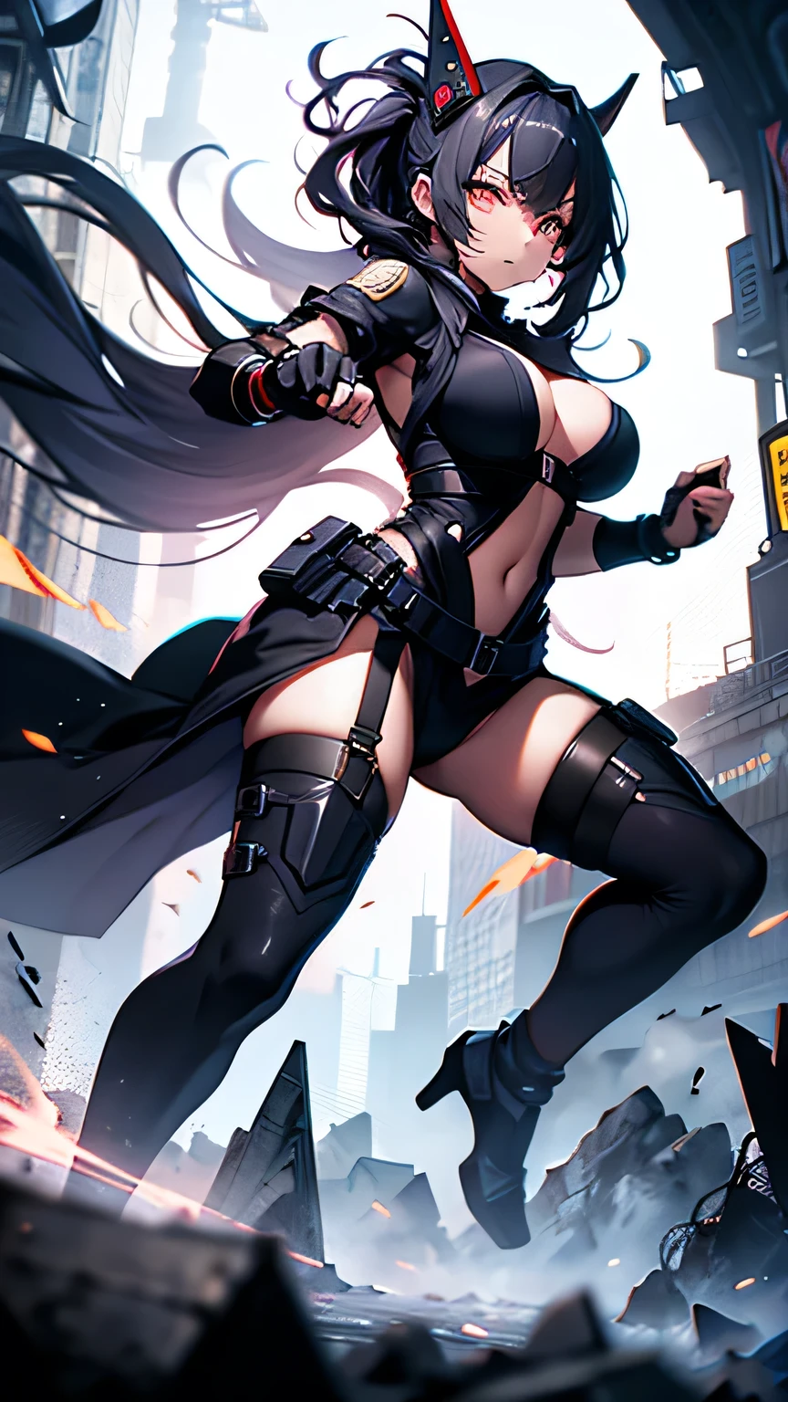 最high quality、Best image quality、masterpiece、girl((Age 25、 By becoming、Best Bust、Medium Bust,Wide open breast tea、Red glowing eyes,Black hear、Red Mesh、Disheveled Hair、Lointail、thin,The highest valley、Open chest、Luminous Wristbands、hair ornaments、Show the whole body,Black Ninja suite、revolver、scar、Full body scar、Fighting Pose)),high quality、Beautiful art、background((night,ninja word))、Flight、Flying debris、Written boundary depth、movie、Visual Arts、Perfect art、8K,Genuine,