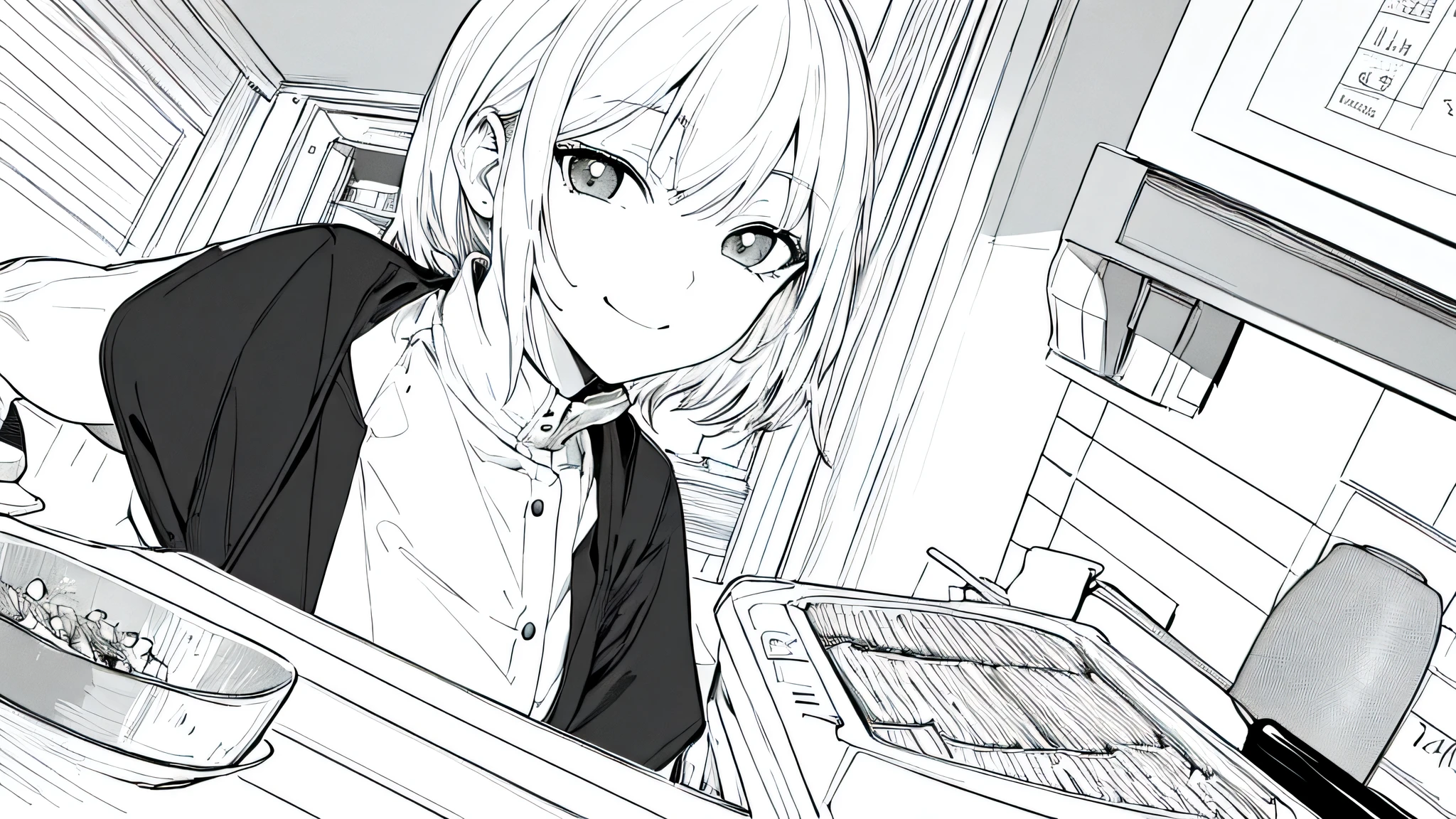 masterpiece, Top quality, 1 Girl, Uniforms, Smile,, A white-haired one, black eyes,a street, monochrome, Line Drawing、iced,Cook at home,Don't look at the camera