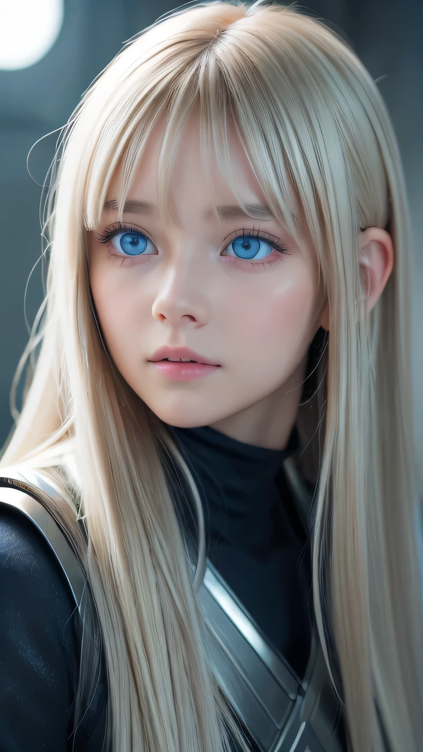 highest quality、8k Masterpiece、Ultra-high resolution、(Realistic:1.3)、RAW Photos、14 year old Scandinavian girl with shiny blonde hair、Silvery blonde hair、Super long straight hair、目とBangs between the eyes、bangs on the face、Bangs that cover the eyes、片Bangs that cover the eyes、Bangs between the eyes、White and glowing skin、1. Cyberpunk Super Beautiful Soldier、((Ultra-Realistic Details))、Portraiture、Global Illumination、Shadow Realm、Octane Rendering、8k、Ultra Sharp、Metal、Cool colors、、Very intricate detail、Realistic Light、Trends of the CG Association、so beautiful, Big bright blue eyes、Very big eyes、Eyes shining at the camera、Neon Details、Small Face Beauty、Round face、Cheek highlight