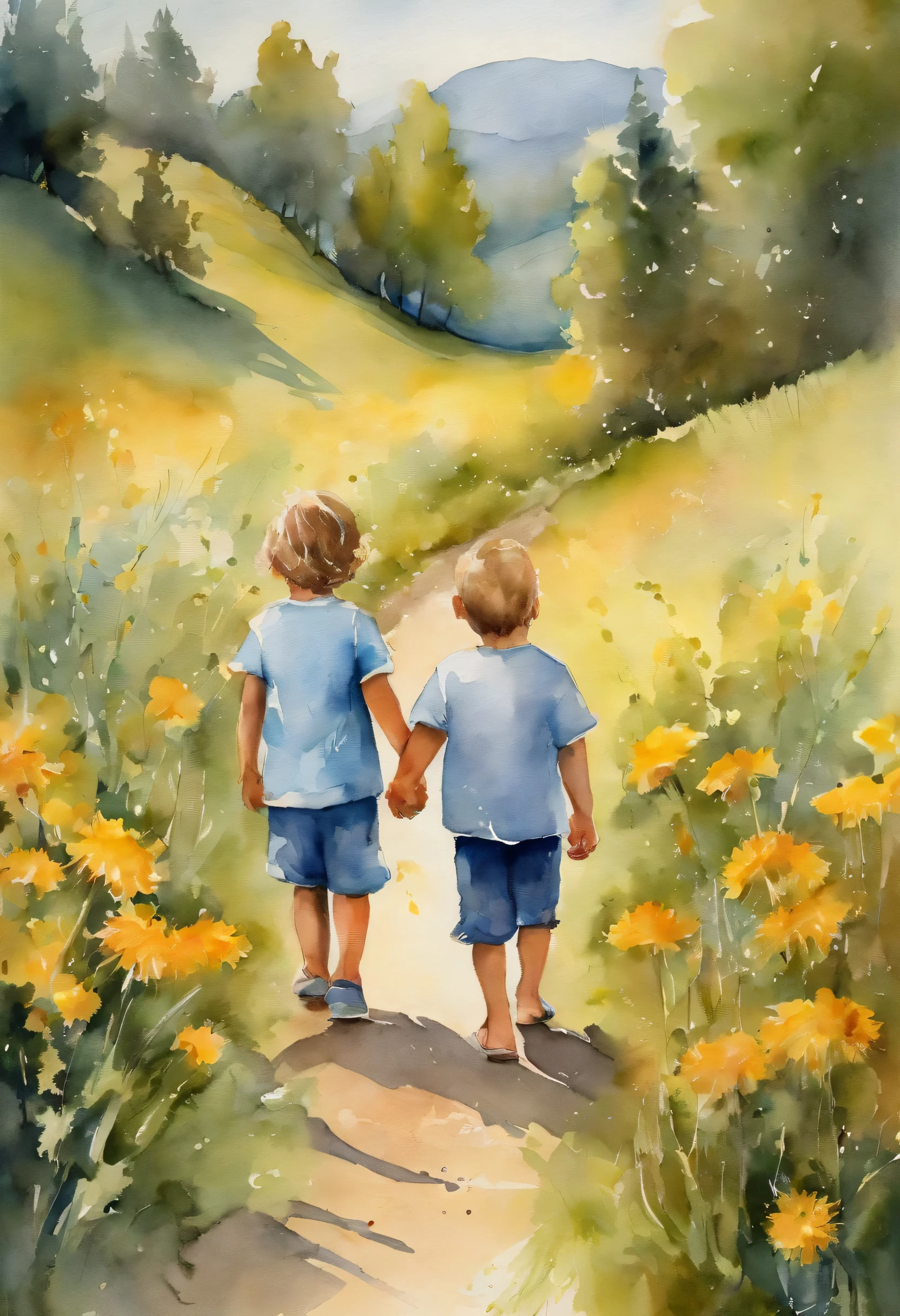Brothers and sisters. holding hands. facing away from the audience. background of hills full of dandelions