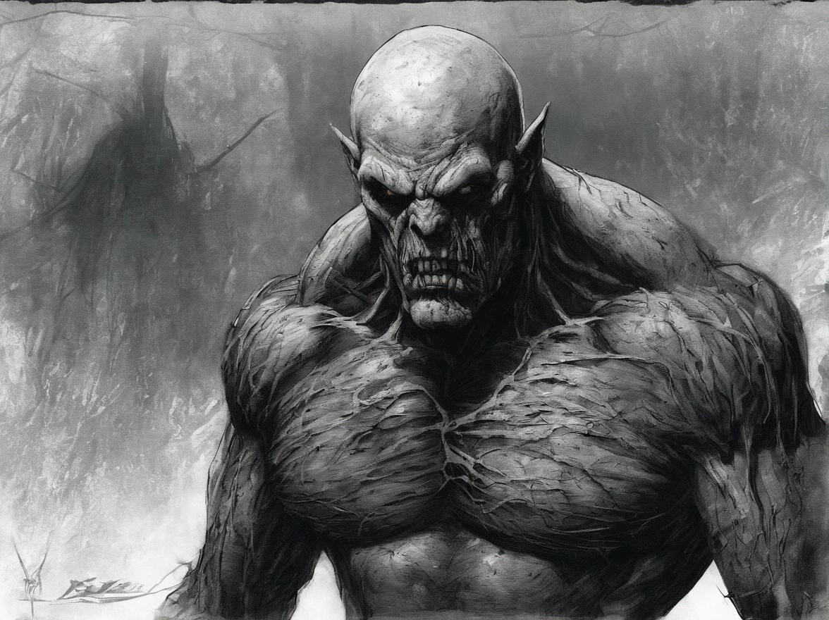 brutalis the violator
hulking 8 feet tall muscled bald mutated semi-orc-troglodyte like human with cracked desiccated skin
he has a few large organic spike protrusions made of his desiccated skin on his arms and back,