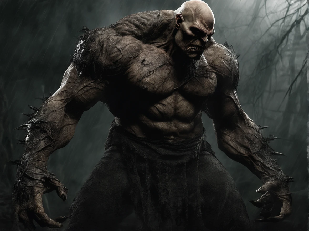 brutalis the violator
hulking 8 feet tall muscled bald mutated semi-orc-troglodyte like human with cracked desiccated skin
he has a few large organic spike protrusions made of his desiccated skin on his arms and back,