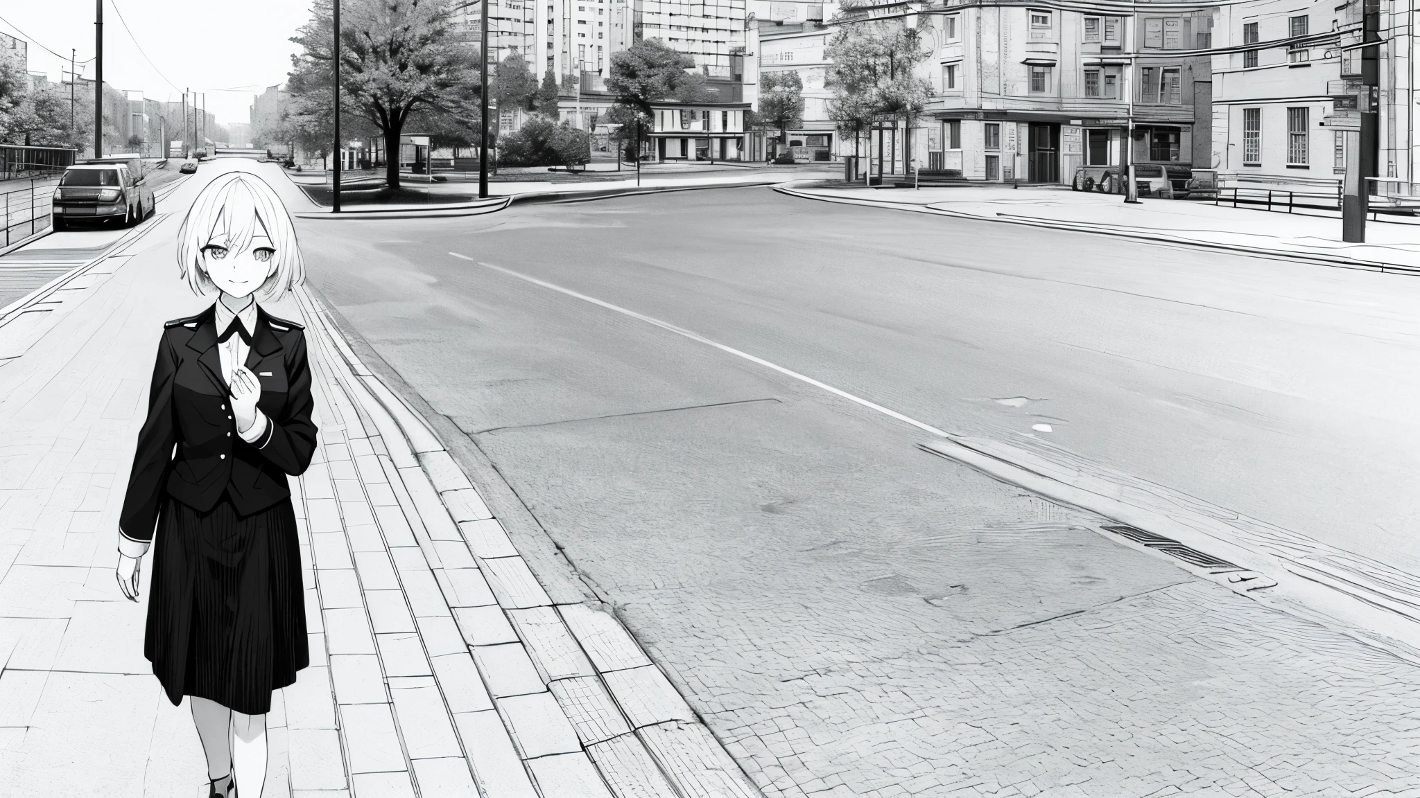 masterpiece, Top quality, 1 Girl, Uniforms, Smile,, A white-haired one, black eyes,, a street, monochrome, Line Drawing、iced,Walking on the road,Don't look at the camera