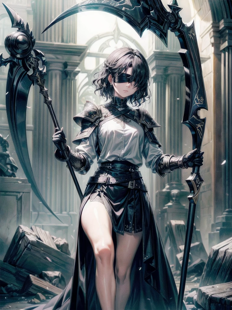 ((one-eyed blindfold)), holy paladin, scythe, dark Heavy armor, absurdres, RAW photo, extremely delicate and beautiful, masterpiece, Best Quality, ultra high resolution, 32k, hyperrealistic, ultra-detailed, detailed description, pale skin, 20 years old, tearful mole, earring, short medium hair, wavy hair, full body shot,