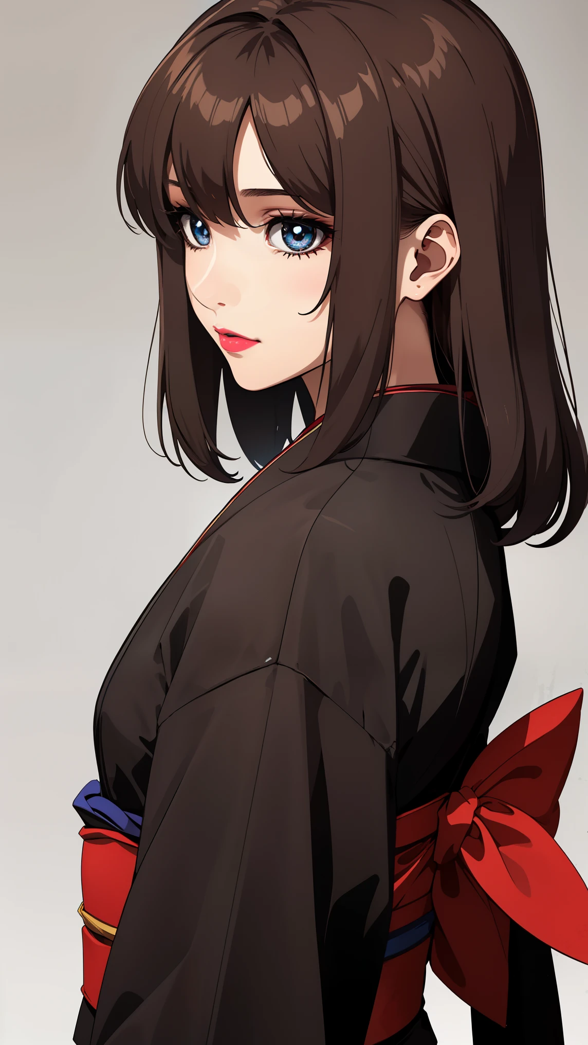 bangs,brown_hair, long_hair,red eyes,lipstick,makeup,
BREAK (japanese clothes, kimono, sash, obi, red kimono, black kimono:1.2)
BREAK from behind,  ((magazine cover)), lineart, colorful, magazine title, text,
BREAK (masterpiece:1.2), best quality, high resolution, unity 8k wallpaper, (illustration:0.8), (beautiful detailed eyes:1.6), extremely detailed face, perfect lighting, extremely detailed CG, (perfect hands, perfect anatomy),