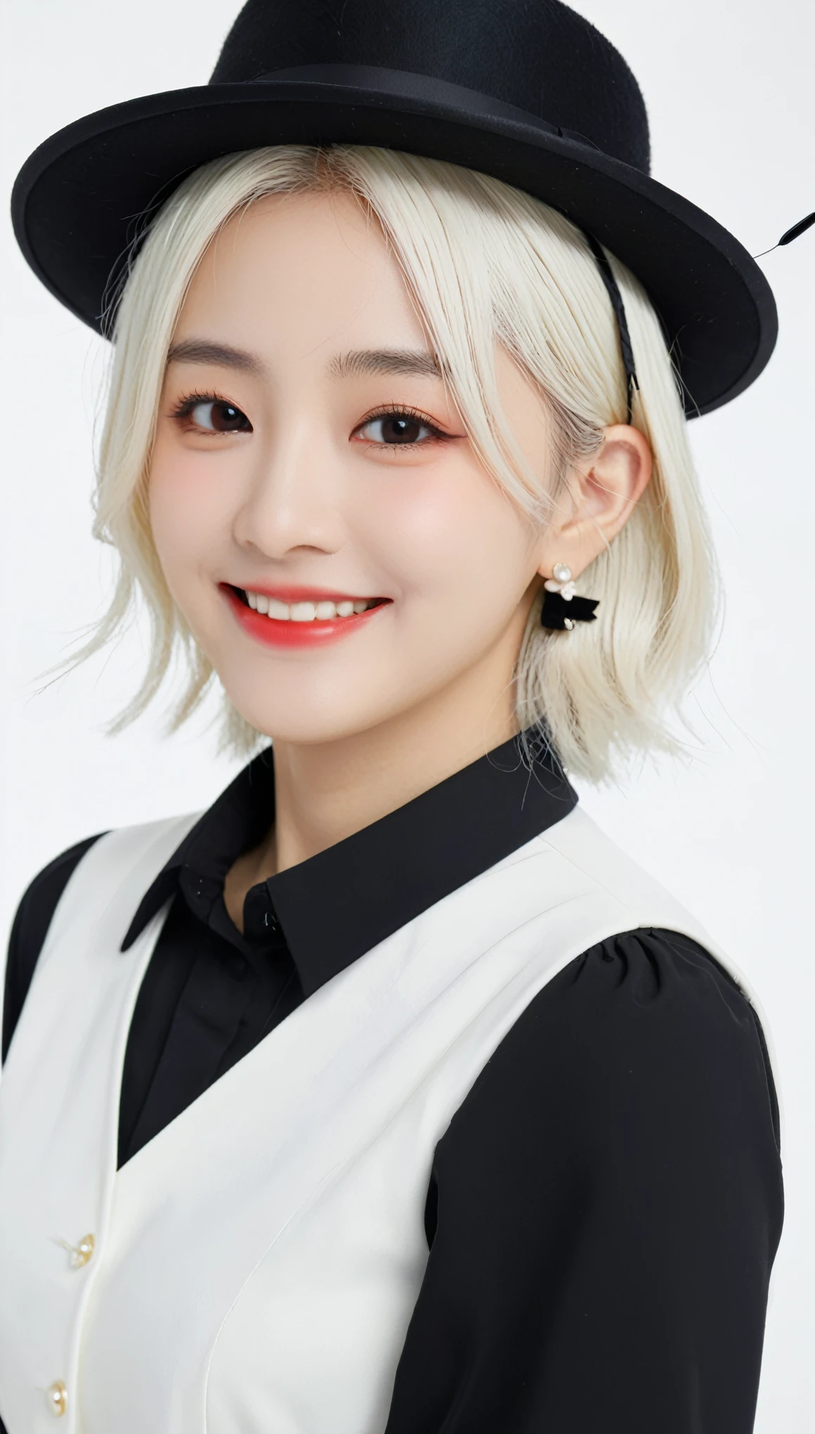 komori,idolcloth,masterpiece,best quality,white hair, red eyes,white shirt,(black formal hat),(hairclip:1.3),(small mouth mole:1.3),smile,highres,4k,black detached sleeves, upper body,