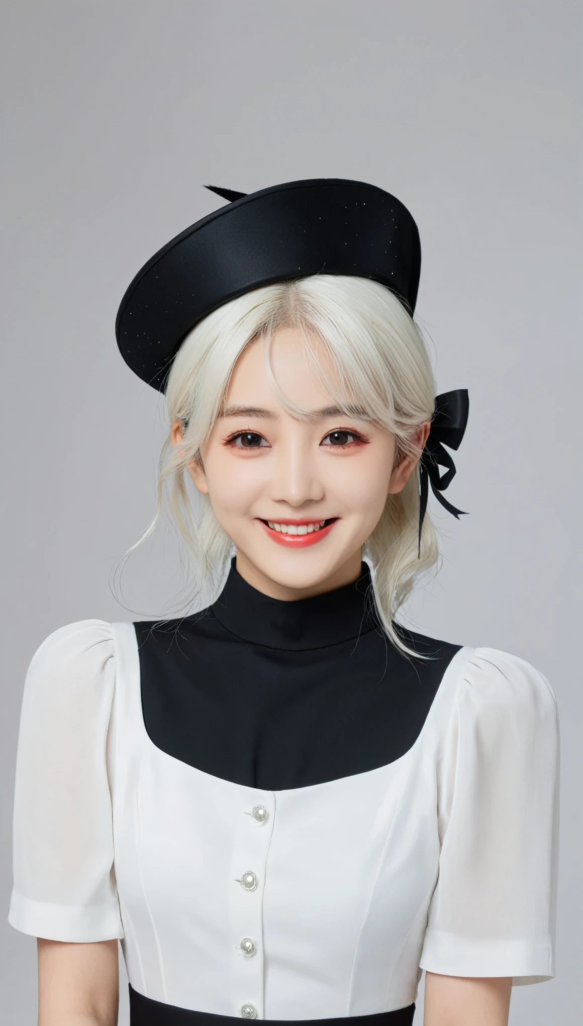 komori,idolcloth,masterpiece,best quality,white hair, red eyes,white shirt,(black formal hat),(hairclip:1.3),(small mouth mole:1.3),smile,highres,4k,black detached sleeves, upper body,