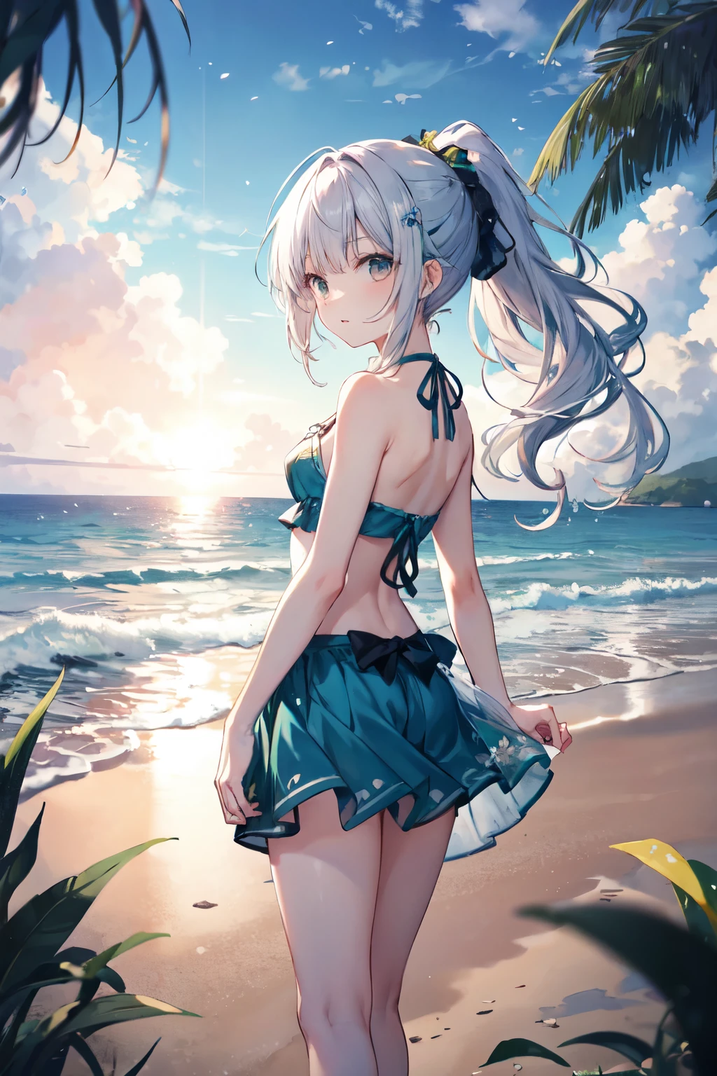 Silver-haired girl drawn in high resolution Japanese anime style、Standing alone on the white sand beach of a deserted island。She is wearing a gorgeous pink bikini.、Her hair is in a ponytail that sparkles in the light..。The sea in the background shines emerald green..、The beach is littered with shells and pebbles.、hour々、Small waves gently wash up on the shore。Tropical wood々Swaying in the Wind、Mr..々Among the branches々Birds are singing..。wood々Colorful flowers bloom profusely、The entire island is filled with abundant nature..。On the horizon of a distant sea、The setting sun casts a beautiful orange glow over the ocean.、It gives the whole place an air of mystery..。、Wakame seaweed、Wakame seaweed、Wakame seaweed、Wakame seaweed、Wakame seaweed、Wakame seaweed、