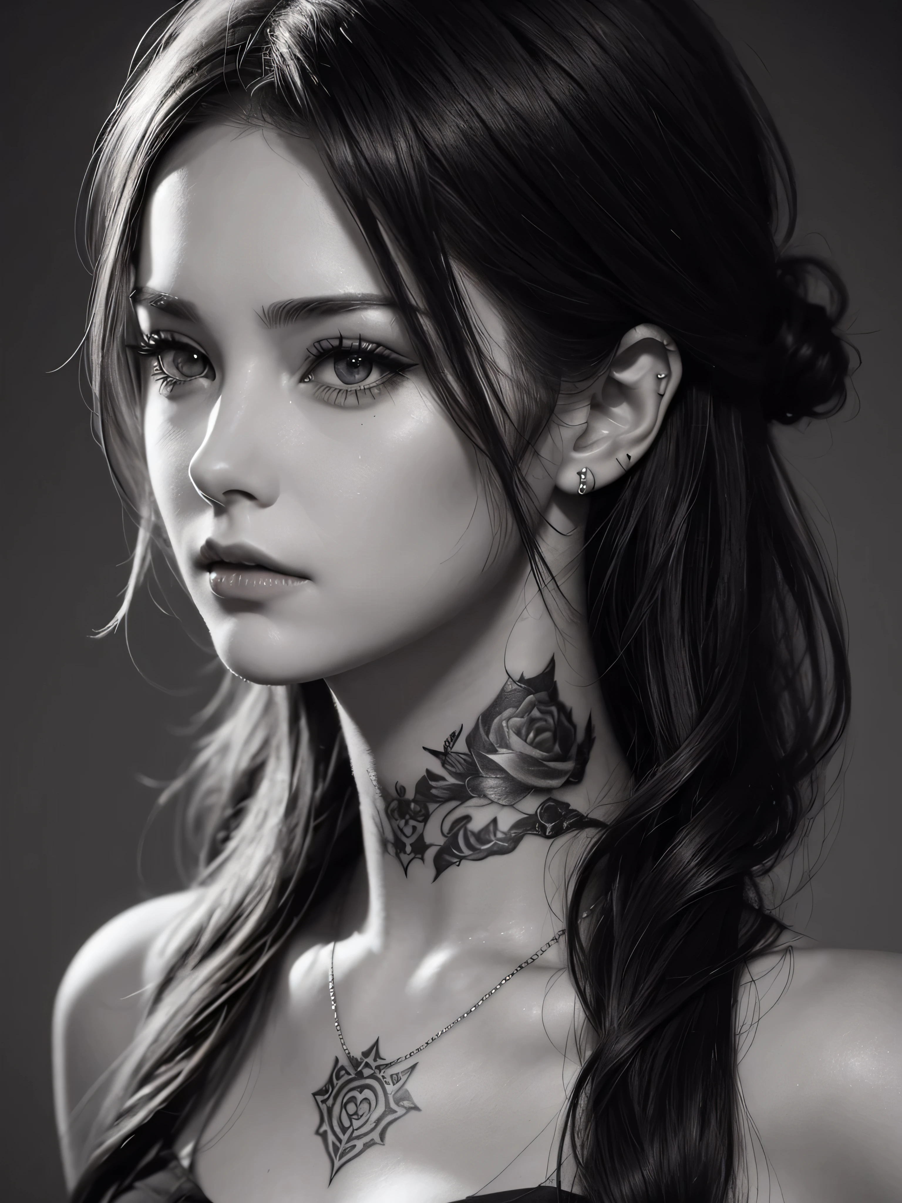Charlie Bowater realistic Lithography sketch portrait of a female with lip piercing, tattoo on neck, very detailed, fierce expression