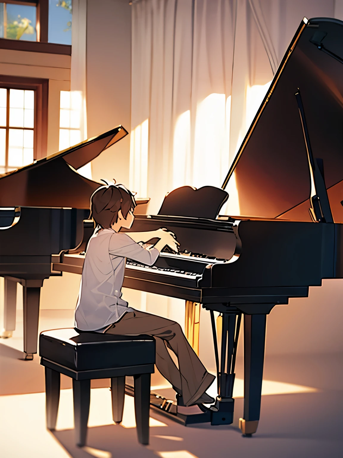 college boy playing grand piano in a warm toned looking room while the white see through curtain is fluttering due to the warm wind and there's a same age college girld standing beside dim looking at the piano 